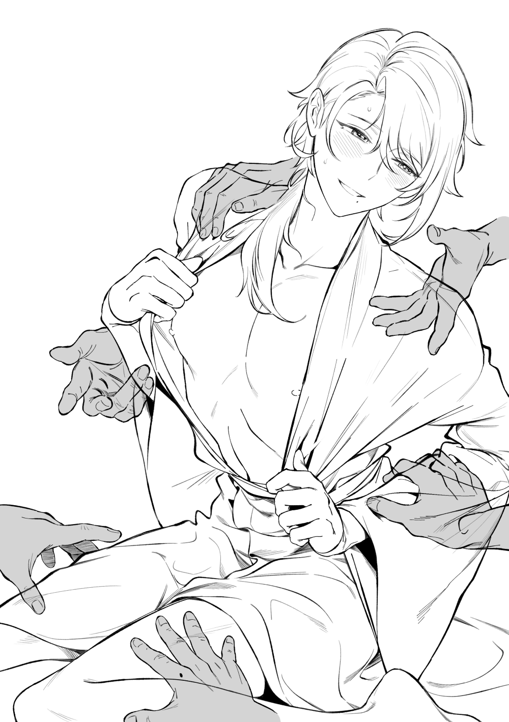 ayato (genshin impact), gay, genshin impact, hands on legs, hands on shoulders, male only, multiple boys, 