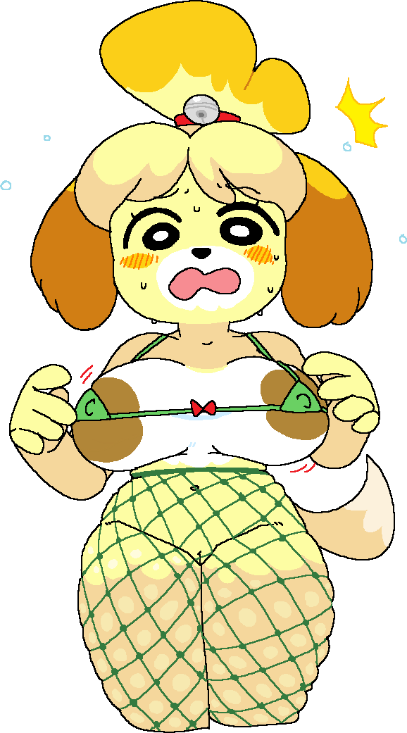 animal_crossing anthro anthrofied anthropomorphic areola areolae bell bell_collar blush bow bowtie bra breasts brown_nipples canine cassettedream collar dark_nipples doubutsu_no_mori dream-cassette edit female fishnet fishnet_legwear fishnets green_bra hoshime isabelle_(animal_crossing) micro_bra mob_face navel nervous nintendo open_mouth pussy red_bow red_bowtie shizue_(doubutsu_no_mori) simple_eyes skindentation tail transparent_background vagina yellow_dog yellow_fur