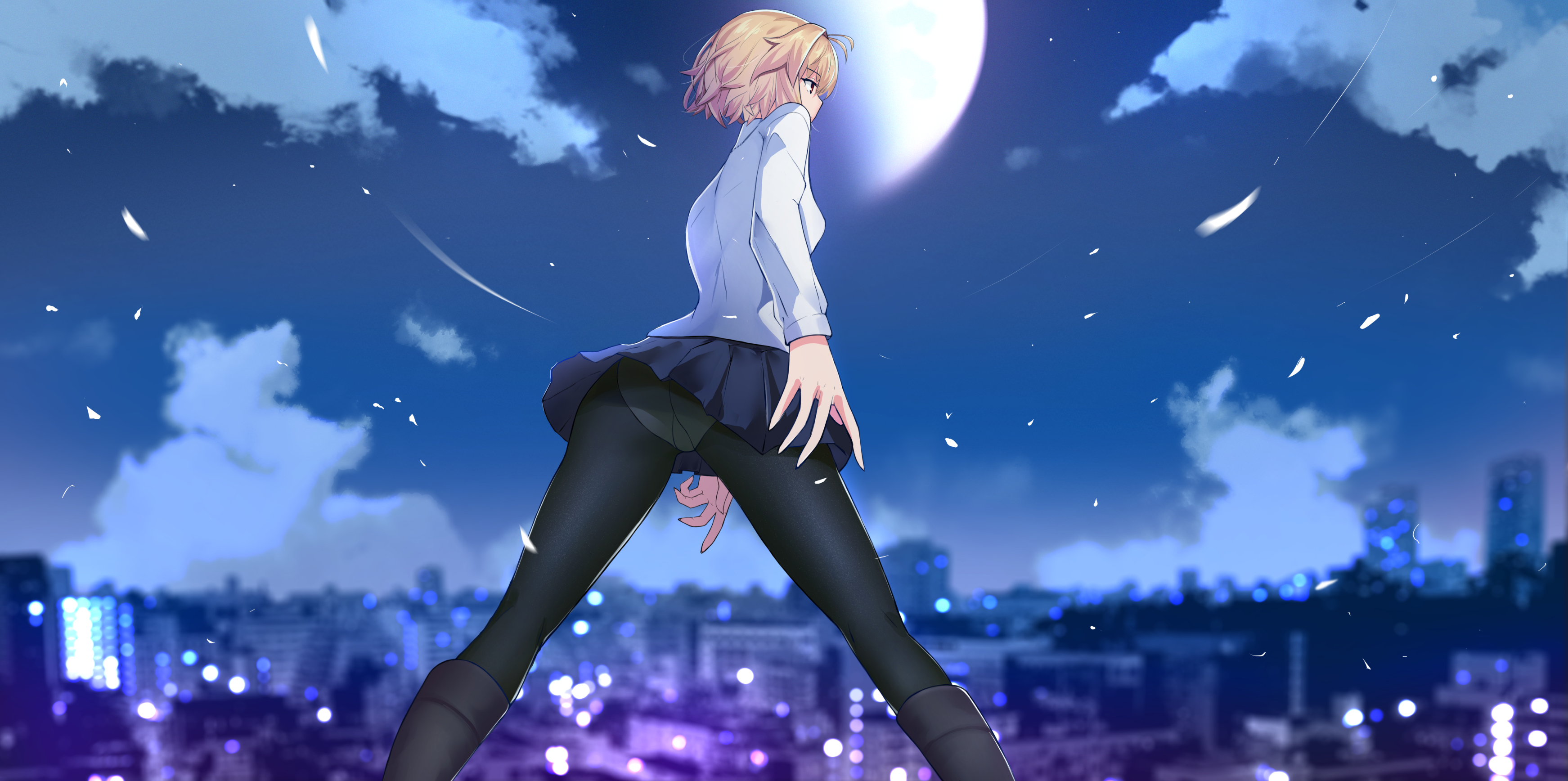 absurdres ahoge arcueid_brunestud ass black_pantyhose cloud female from_below highres isetnation long_legs melty_blood moon moonlight night panties panties_under_pantyhose pantyhose perspective self-upload short_hair skirt sky sweater tsukihime tsukihime_(remake) underwear
