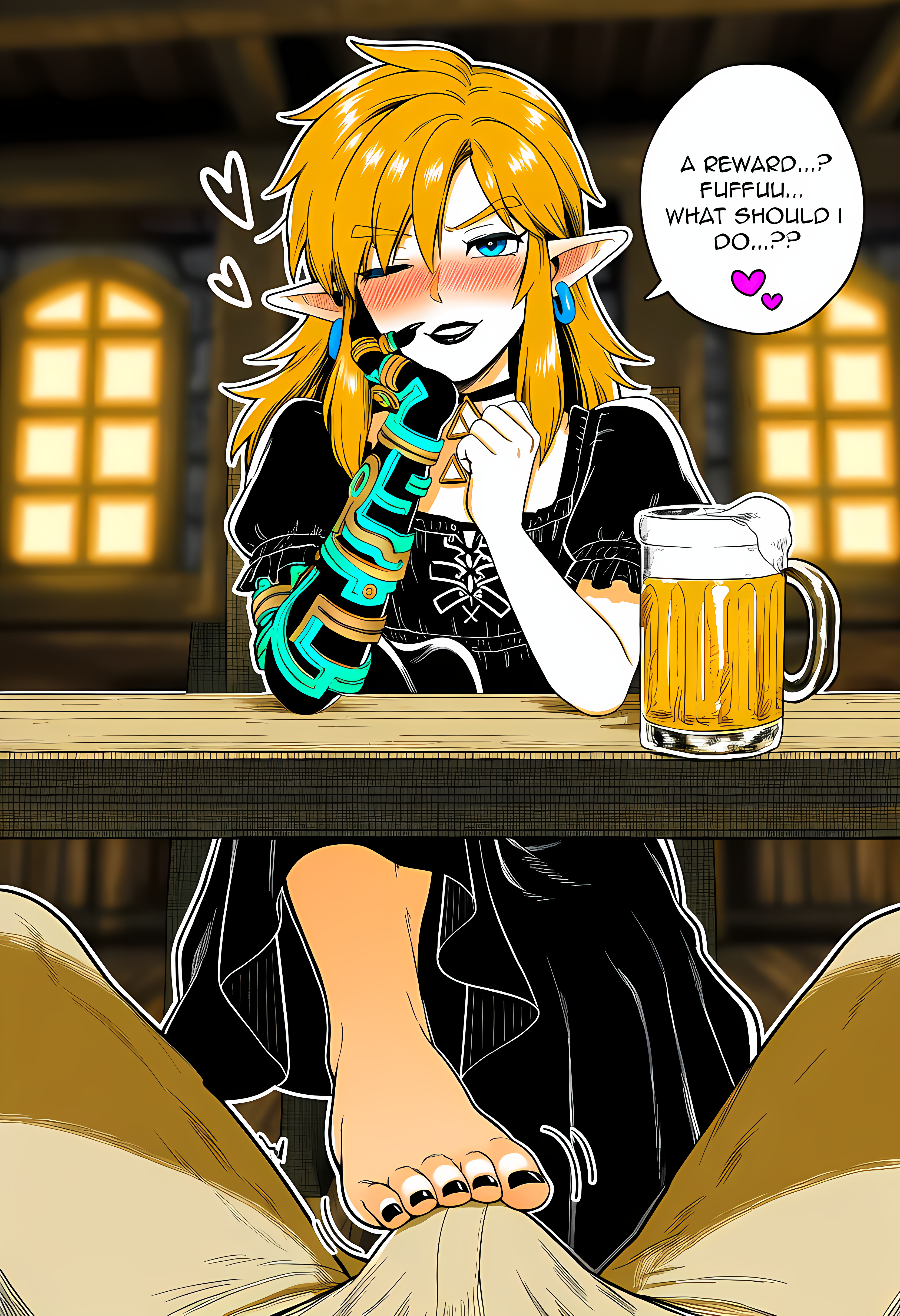 ai_art ai_generated aroused barefoot beer black_lips black_lipstick blue_eyes blush choker crossdressing dress earrings elf_ears femboy femboy_on_male feminine_male feminization foot_fetish foot_focus footjob footjob_under_table gay gay_sex goth heart high_resolution highres link lipstick long_hair long_nails male/male nintendo novelai pov_male rubbing_penis smirk speech_bubble stealth_footjob stealth_masturbation text_bubble the_legend_of_zelda toenails triforce yaoi