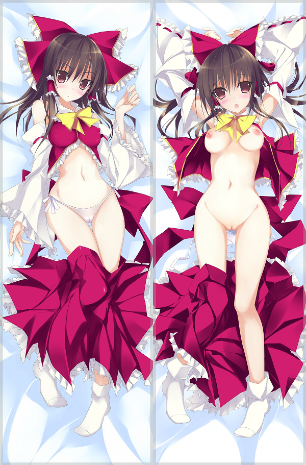 yudesoba, reimu hakurei, touhou, dakimakura, arms up, bed sheet, bottomless, bow, breasts, brown eyes, brown hair, detached sleeves, female, footwear, hair tubes, hairbow, lying, mound of venus, multiple views, nipples, on back, open clothes, open mouth, open shirt, panties, pussy, shirt, side-tie panties, skirt, skirt around one leg, skirt down, skirt lift, socks, solo, uncensored, underwear, white legwear, white panties, wide hips, 