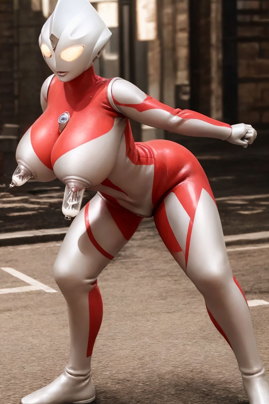 ai generated, building, heroine, lactation, large breasts, latex, latex gloves, latex suit, solo, solo female, sucking nipples, thick thighs, ultrawoman thiccga (tiga63), 