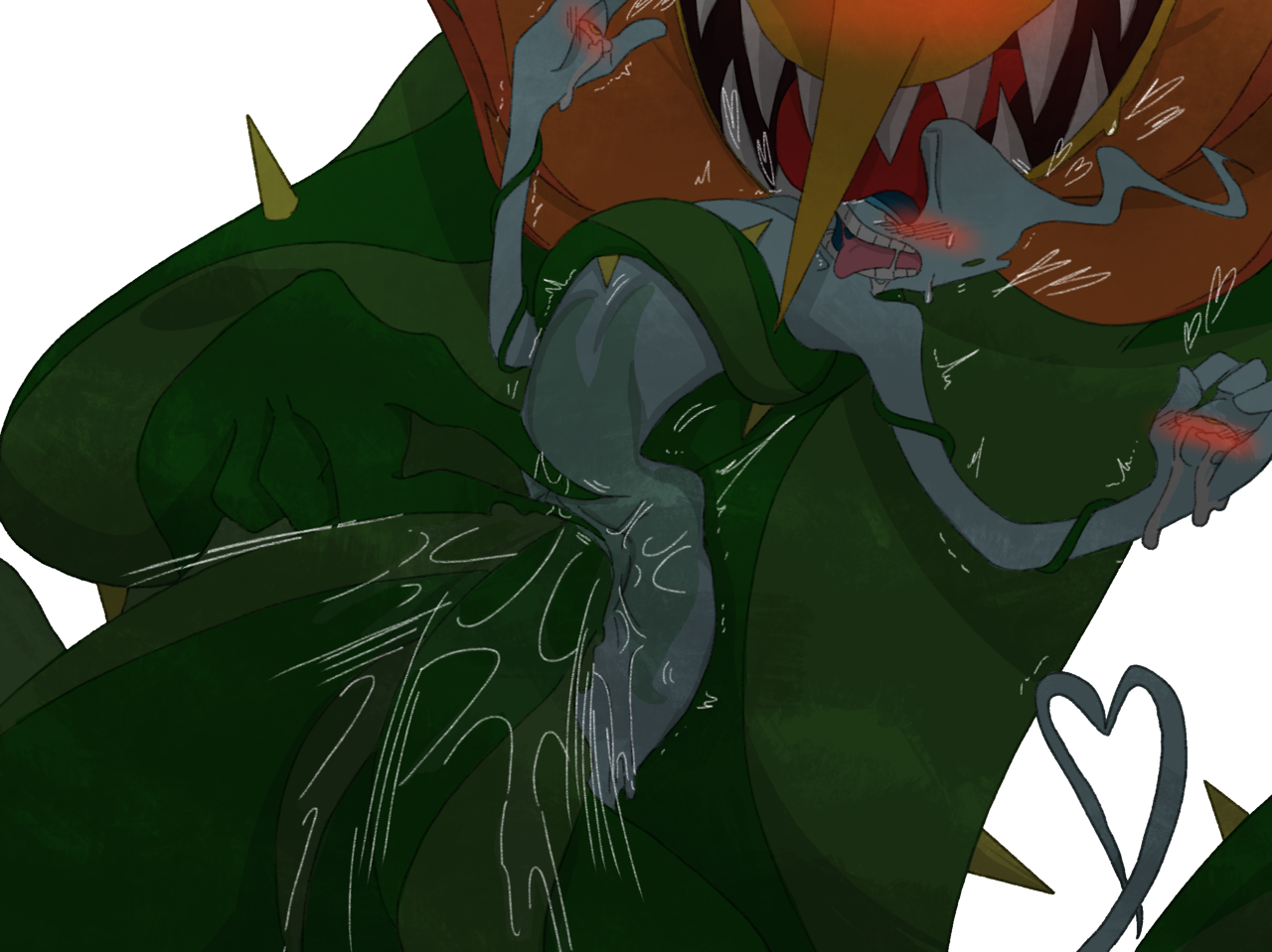 omnia-volo, blind specter, cagney carnation, cuphead (game), highres, ahe gao, ambiguous gender, arched back, big dom small sub, blush, bound, bound arms, drooling, elemental creature, flora fauna, flower, flower creature, ghost, heart, hearts around head, male, male/ambiguous, motion lines, petals, pointy nose, pointy teeth, rough sex, saliva, see-through, spikes, tail, tongue, tongue out, vines, 