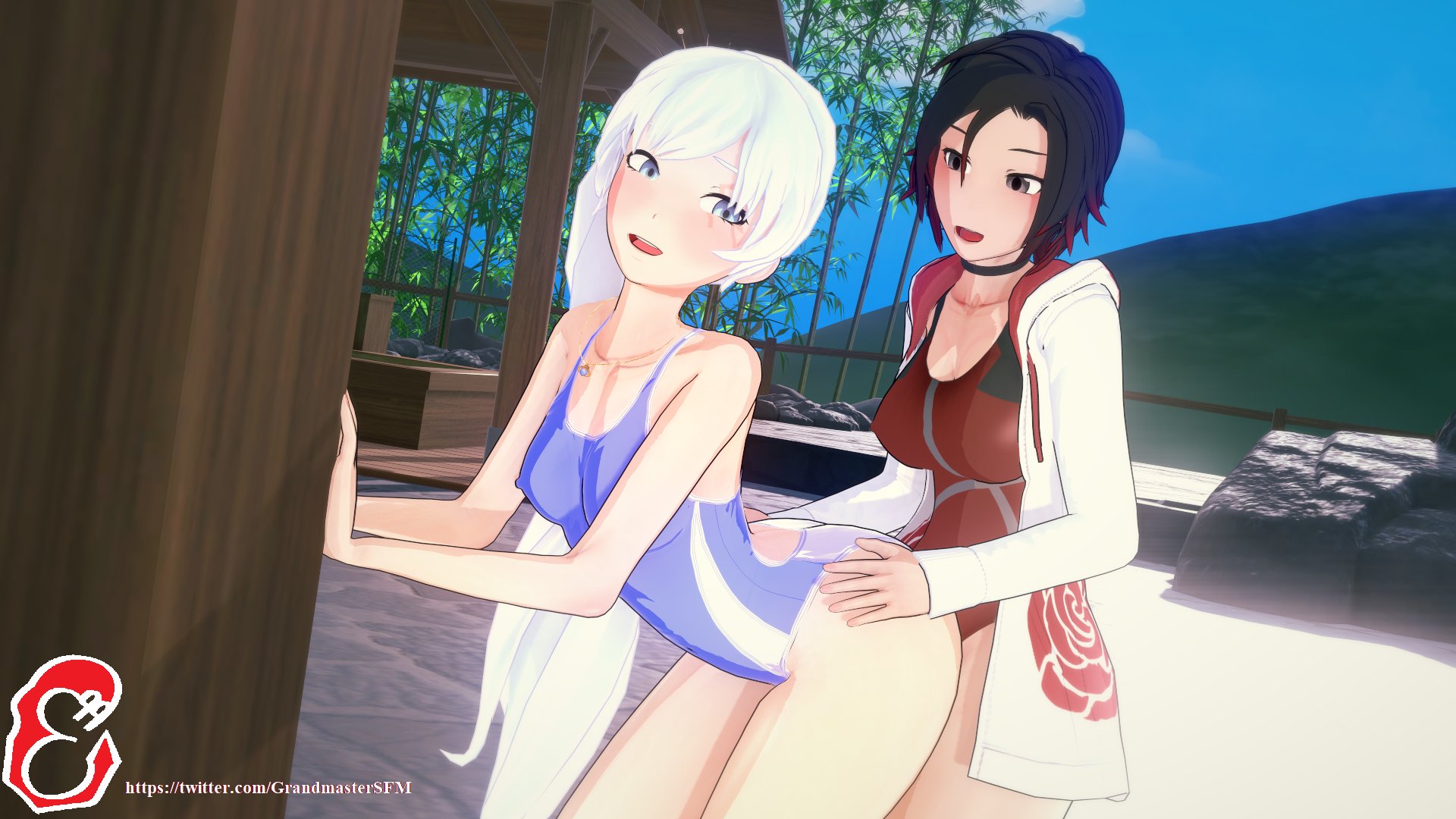 ruby rose, weiss schnee, rwby, beach sex, blue eyes, clothed sex, grandmastersfm, implied futanari, red hair, silver eyes, swimsuit, white hair, 