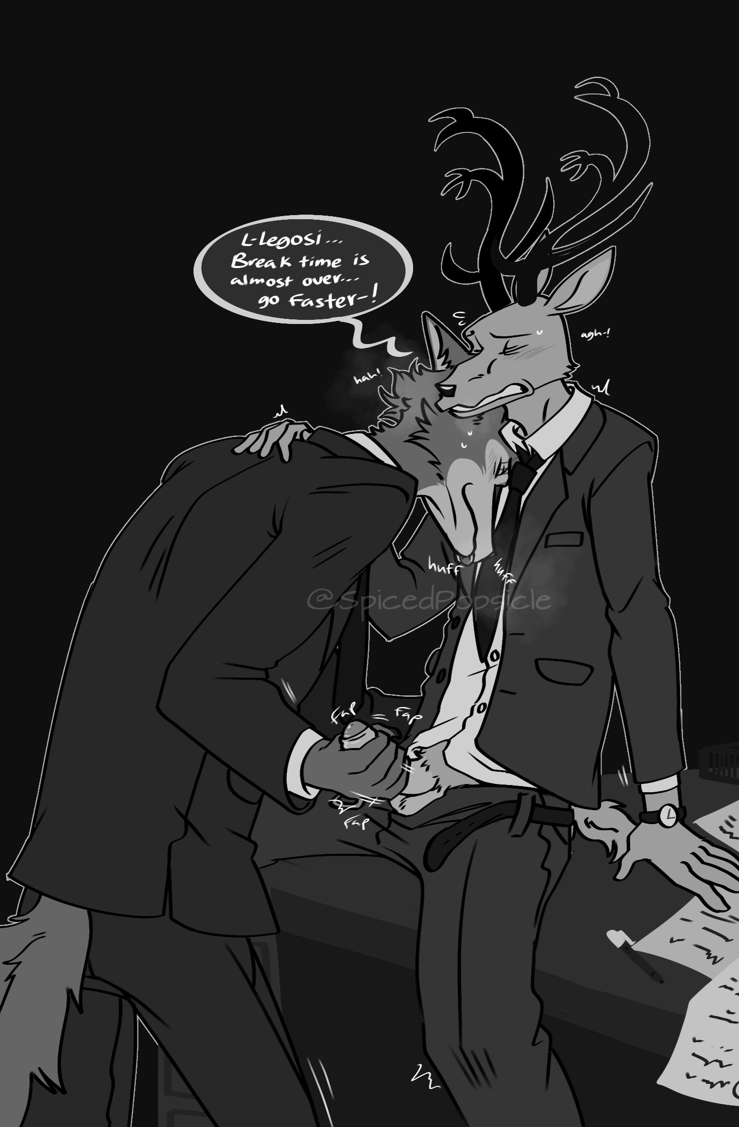 legoshi (beastars), louis (beastars), beastars, 2020, english text, greyscale, hi res, monochrome, text, anthro, anthro on anthro, balls, belt, bodily fluids, bottomwear, breath, canid, canine, canis, cervid, cervine, clenched teeth, clock, closed eyes, clothed, clothing, desk, dress shirt, duo, fur, furniture, genitals, hand on penis, hand on shoulder, head on shoulder, jacket, male, male/male, mammal, necktie, on desk, pants, pants undone, paper, pen, penis, predator/prey, red deer, shirt, sitting, spicedpopsicle, suit, sweat, teeth, tongue, tongue out, topwear, watch, wolf, 