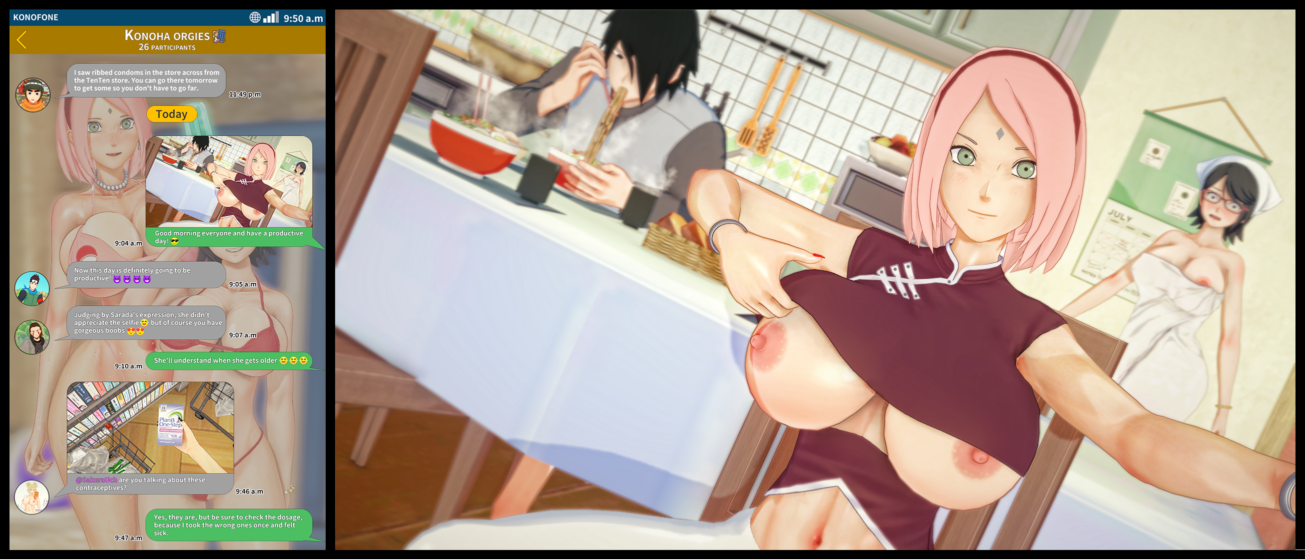 3d boruto:_naruto_next_generations clothing danp3d english_text glasses huge_breasts inuzuka_kiba large_breasts mother_and_daughter naruto rock_lee sakura_haruno sarada_uchiha sarutobi_konohamaru sasuke_uchiha temari text towel useless_clothing