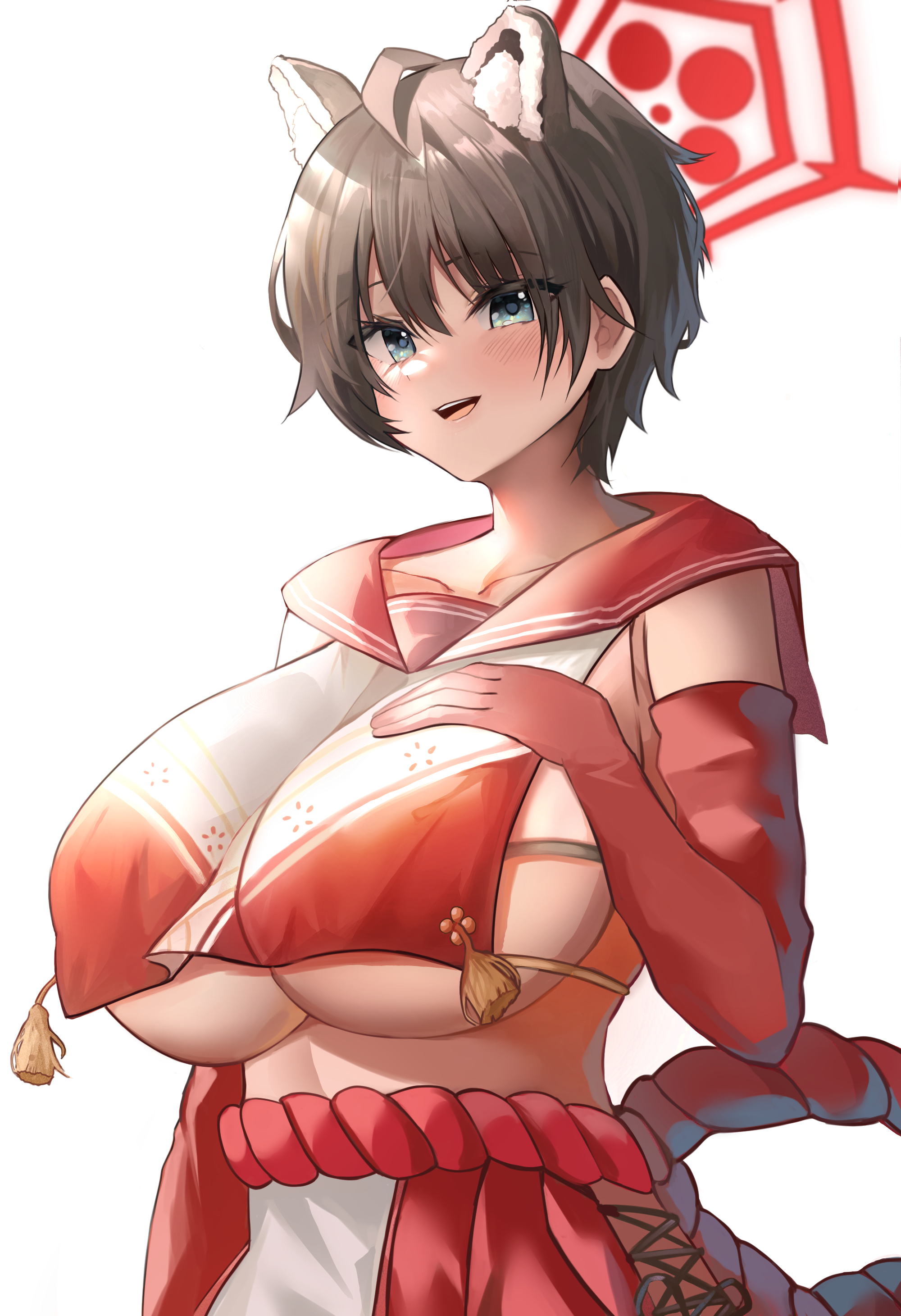 1girls allied_hyakkiyako_academy_student animal_ears artist_request bangs big_breasts black_hair blue_archive breast_curtain breasts collarbone elbow_gloves female grey_eyes highres huge_breasts inner_discipline_club_(blue_archive) large_breasts pleated_skirt red_gloves red_sailor_collar red_skirt revealing_clothes sailor_collar school_uniform serafuku short_hair sideboob sideless_outfit skirt solo sweat thighs tsubaki_(blue_archive) two-tone_shirt underboob very_short_hair