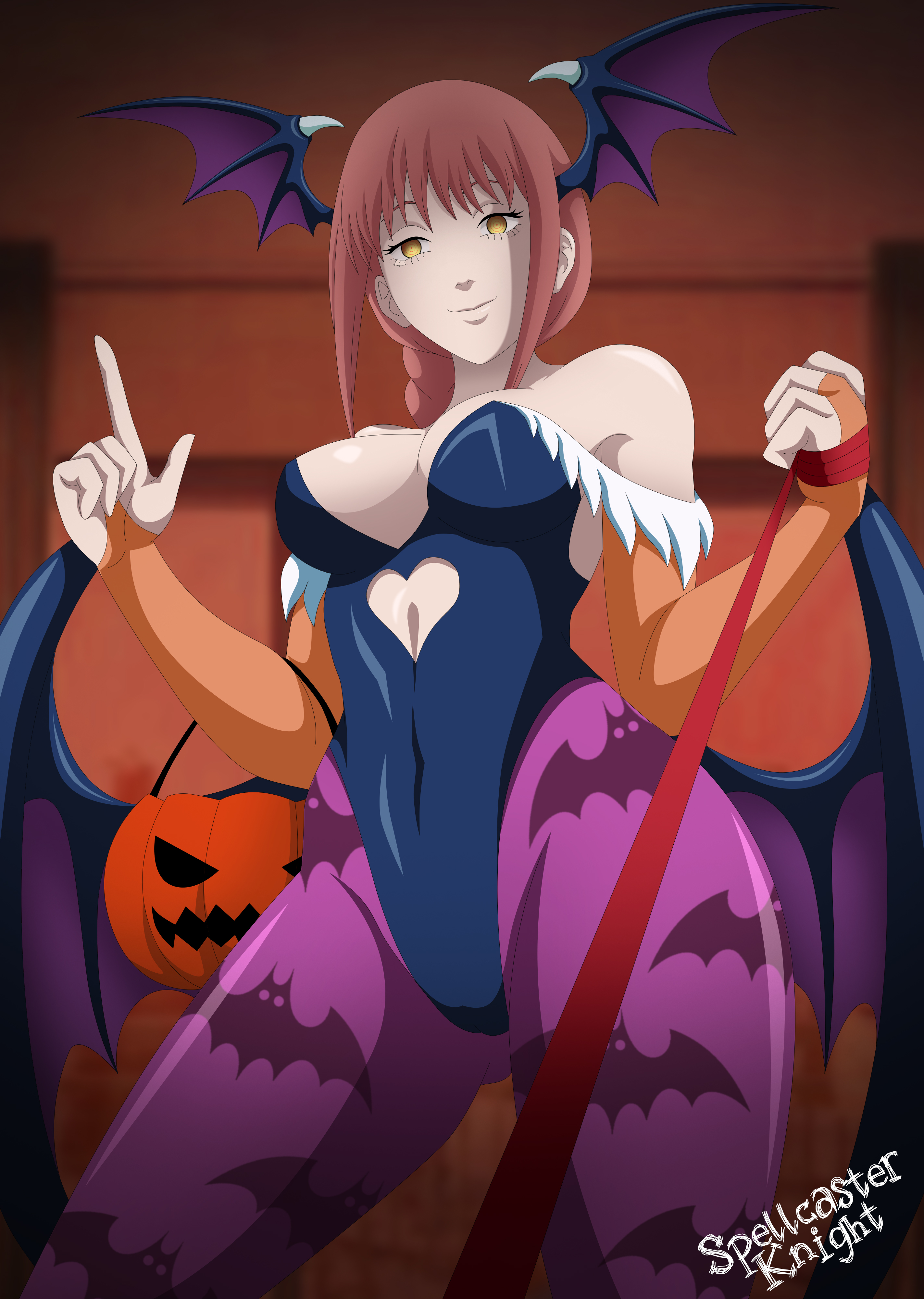 spellcaster knight, makima (chainsaw man), morrigan aensland, chainsaw man, darkstalkers, halloween, crossover, cosplay, halloween costume, head wings, red hair, symbol-shaped pupils, wings, wings on head, 