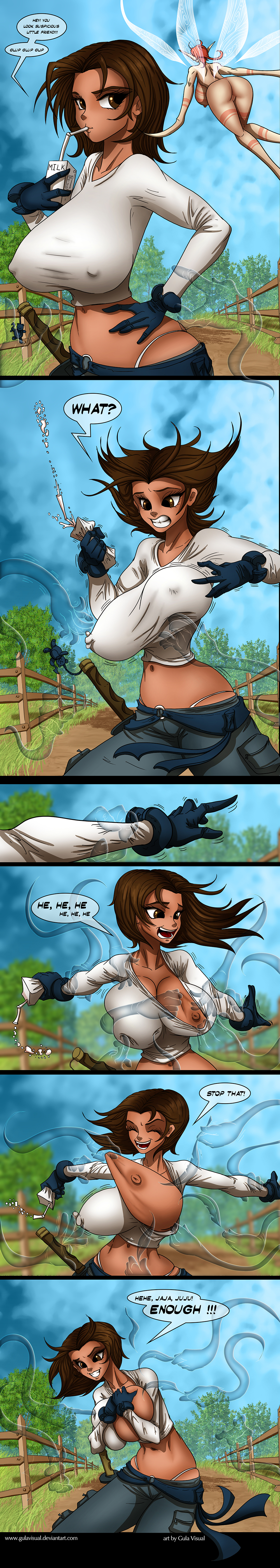 gulavisual, comic, 2girls, breast expansion, breasts, comic panel, dark-skinned female, dark skin, fairy, female, female only, laughing, tickling, 