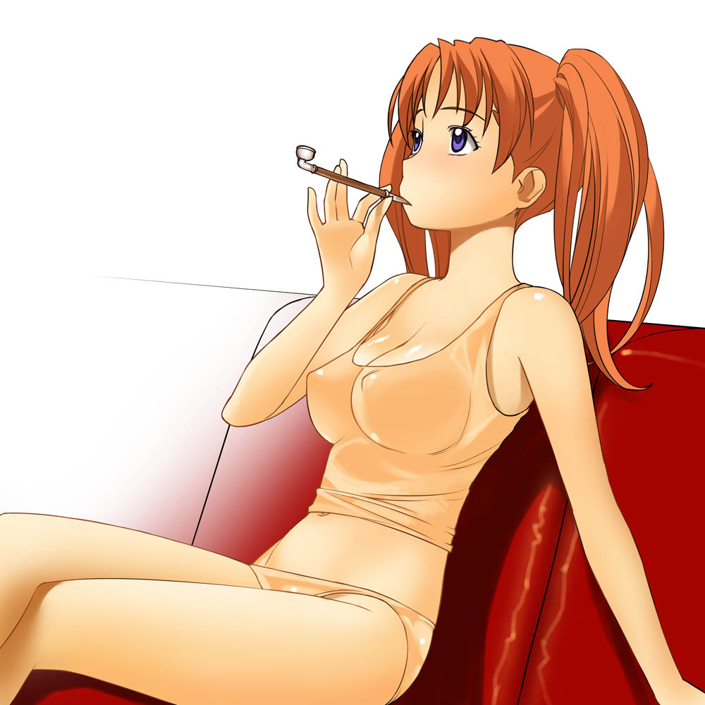 a1, mia, mia guillem, kaleido star, blue eyes, breasts, cleavage, erect nipples, kiseru, large breasts, lingerie, long hair, orange hair, pipe, red hair, solo, tied hair, twintails, underwear, 