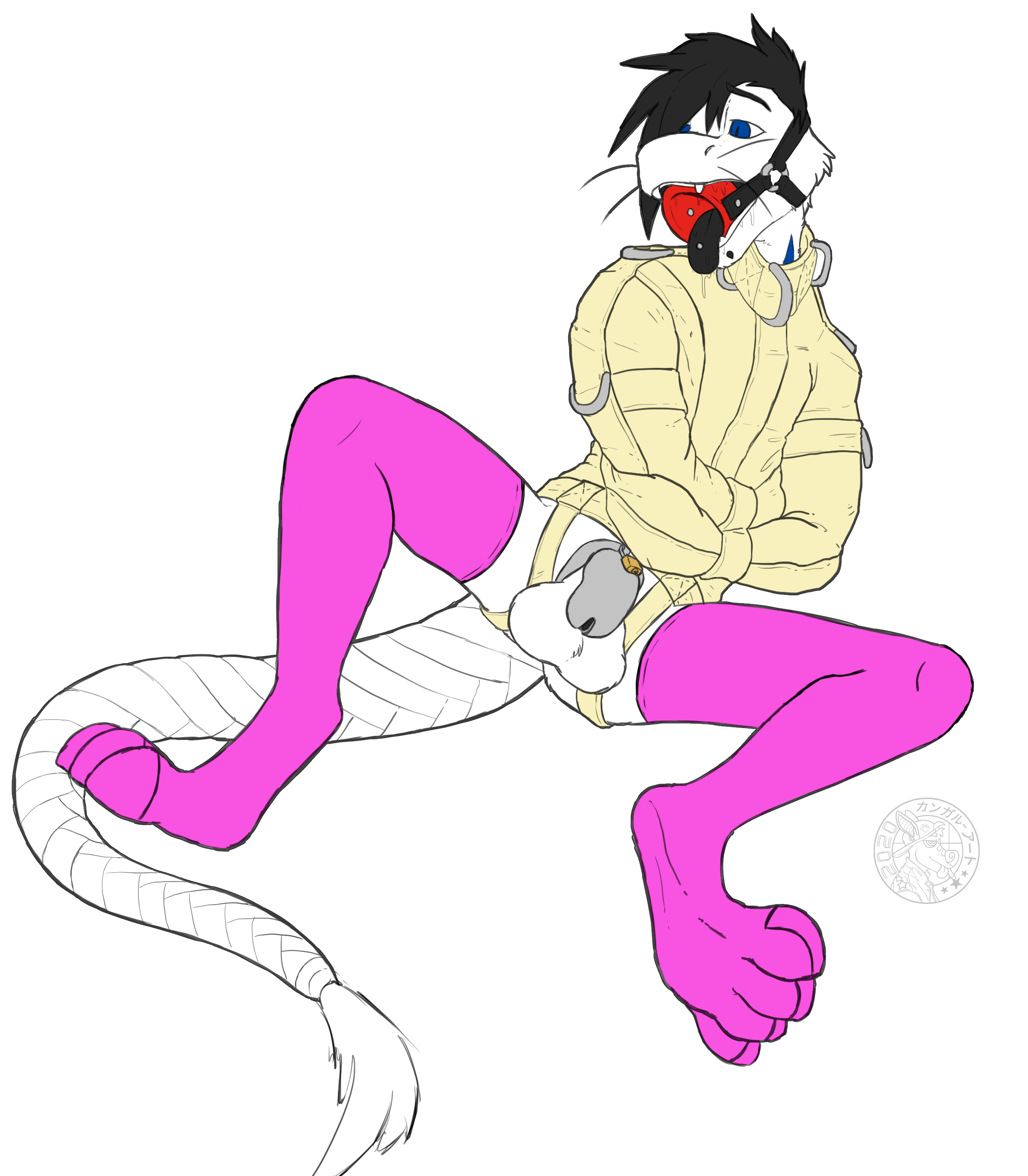 jimmyrumshot, absurd res, hi res, anthro, arms tied, bondage, bound, chastity (disambiguation), chastity cage, chastity device, chupadore, clothing, conformitywhore (artist), gag, hartley harms, leggings, legwear, male, male only, malesub, ring gag, rubber, solo, straitjacket, testicles, tongue, tongue out, 