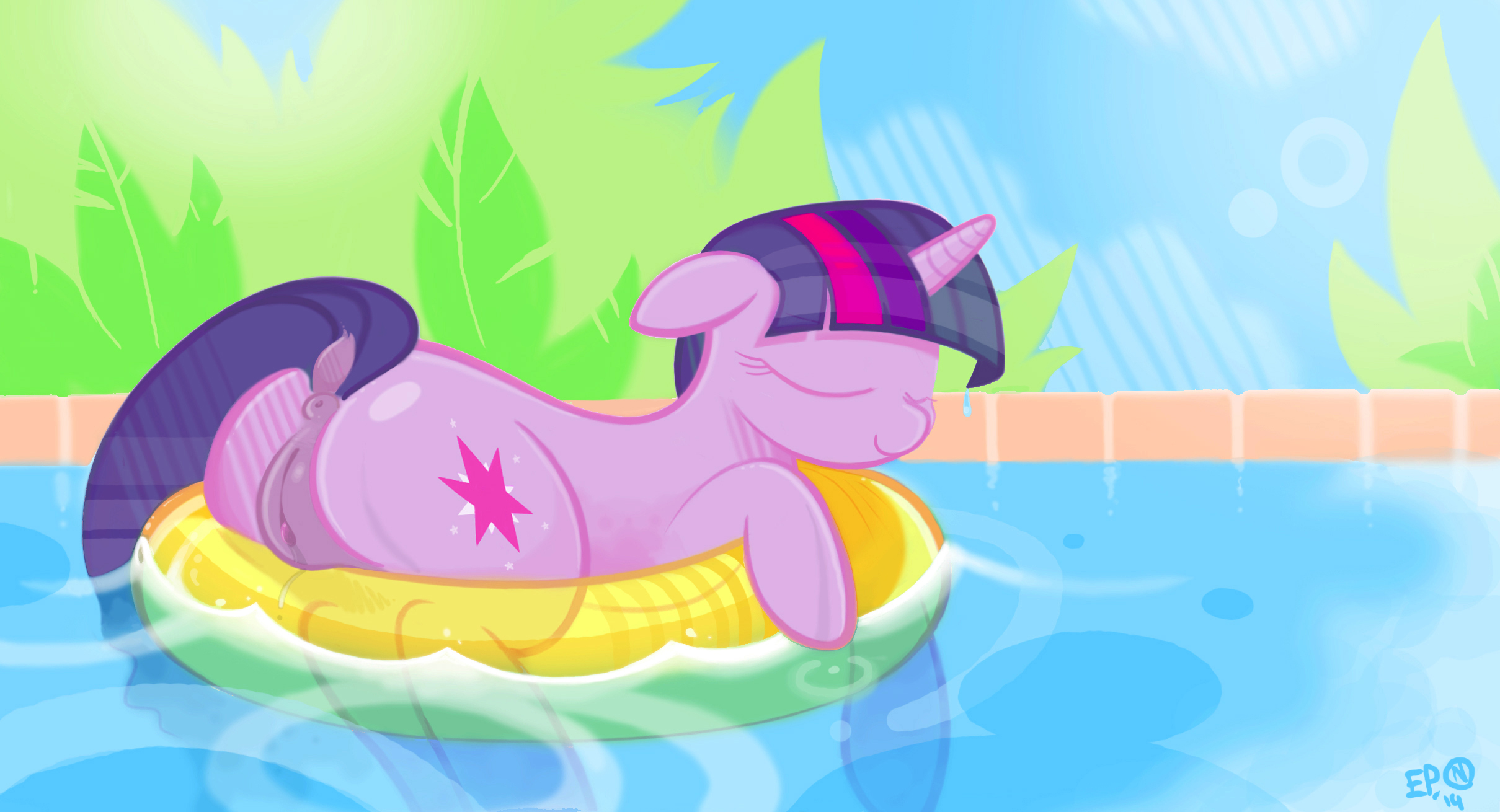 braddo, twilight sparkle (mlp), friendship is magic, my little pony, 2014, 1girls, anus, ass, closed eyes, cutie mark, day, equine, female, female only, feral, floaty, fur, horn, inner tube, multicolored hair, nude, pool, pussy, raised tail, relaxing, sleeping, smile, solo focus, uncensored, unicorn, vulva, water, wet, 