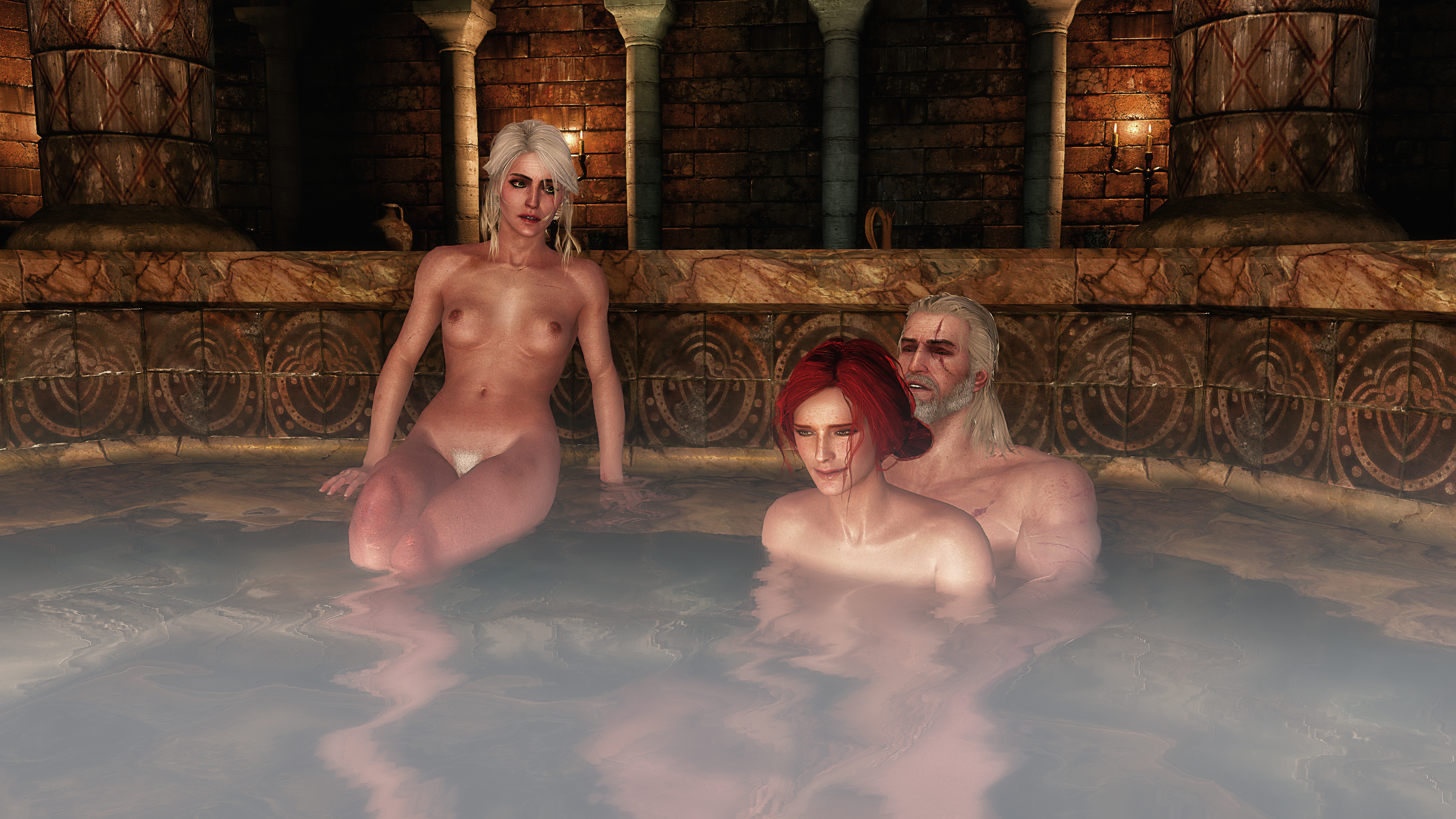 xpsfm, ciri, geralt of rivia, triss merigold, the witcher, the witcher 3: wild hunt, 3d, 1boy, 2girls, areolae, bath, bathhouse, breasts, green eyes, looking at partner, looking down, nipples, pubic hair, red hair, scar, sitting on lap, white hair, yellow eyes, 