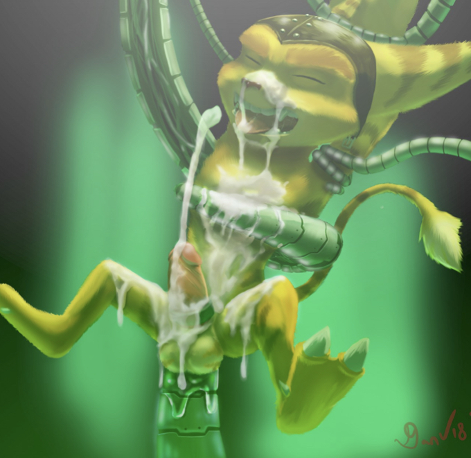 ratchet, ratchet and clank, 1boy, anal sex, anthro, bondage, closed eyes, cum, lombax, male only, open mouth, restrained, tentacle, yellow fur, 