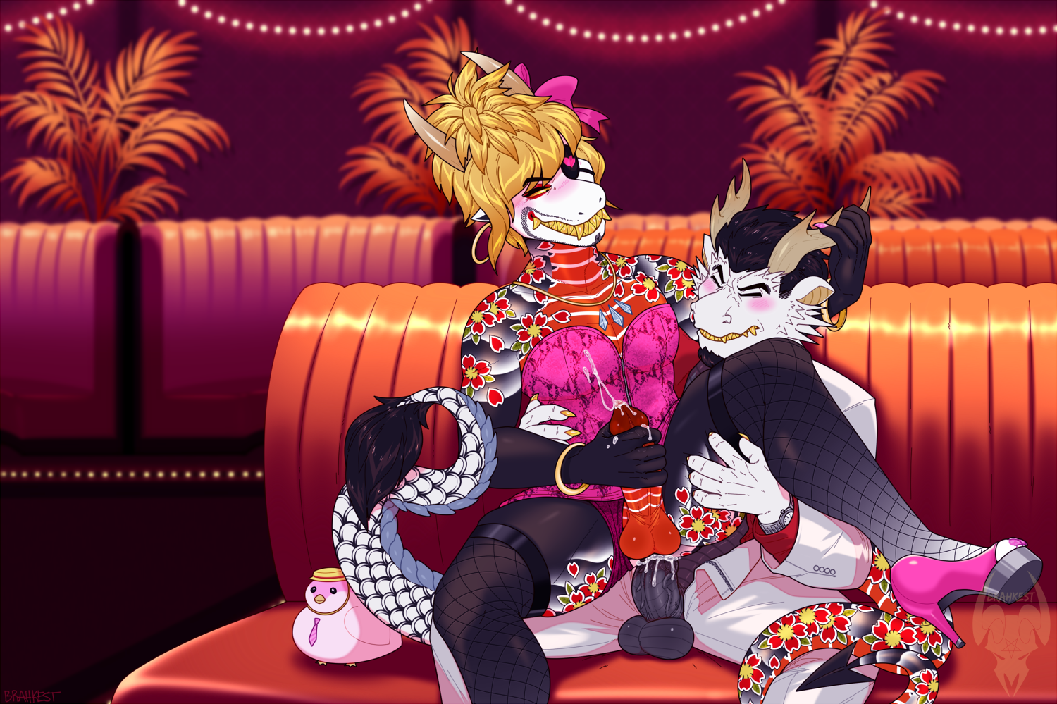 2021 2_horns 5_fingers accessory anal anal_sex anthro artist_logo ass balls bent_legs black_balls black_eyebrows black_facial_hair black_hair black_penis black_tail_tuft blonde_hair blush bodily_fluids bottomwear bow_ribbon bracelet brahkest cabaret cheek_spikes chest_tattoo claws clock closed_eyes clothed clothing colored crossdressing cum cum_in_ass cum_inside cum_on_hand cum_on_penis cum_on_self digital_drawing_(artwork) digital_media_(artwork) dragon dress duo ear_piercing ear_ring eastern_dragon ejaculation eye_patch eyebrows eyewear facial_hair facial_spikes fangs finger_claws fingers fishnet_clothing fishnet_legwear fishnet_thigh_highs footwear furry genital_fluids genitals goatee gold_(metal) gold_bracelet gold_jewelry gold_necklace goro_majima grey_body grey_scales hair hair_accessory hair_ribbon hairbow hand_on_hip hand_on_leg hand_on_thigh high_heels holding_horn horn humanoid humanoid_genitalia humanoid_penis indoor_sex inside jewelry kazuma_kiryu leg_tattoo legwear logo long_tail male male/male male_penetrated male_penetrating male_penetrating_male masturbating_while_penetrated masturbation mythological_creature mythological_scalie mythology necklace non-human non-human_only pants penetration penis piercing pink_bow pink_claws pink_clothing pink_dress pink_footwear pink_high_heels plant plushie raised_leg red_balls red_dress_shirt red_penis reptile ribbons ring_piercing scales scalie seat sega sex shaded short_hair sitting smiling_at_another spikes spikes_(anatomy) spread_legs spreading string_lights suit tail tail_tuft tan_horn tan_inner_ear tattoo teeth thigh_highs tree tuft unzipped unzipped_pants watch white_body white_bottomwear white_clothing white_pants white_scales white_suit wig wristwatch yakuza_(series) yellow_claws yellow_eyes yellow_teeth zipper