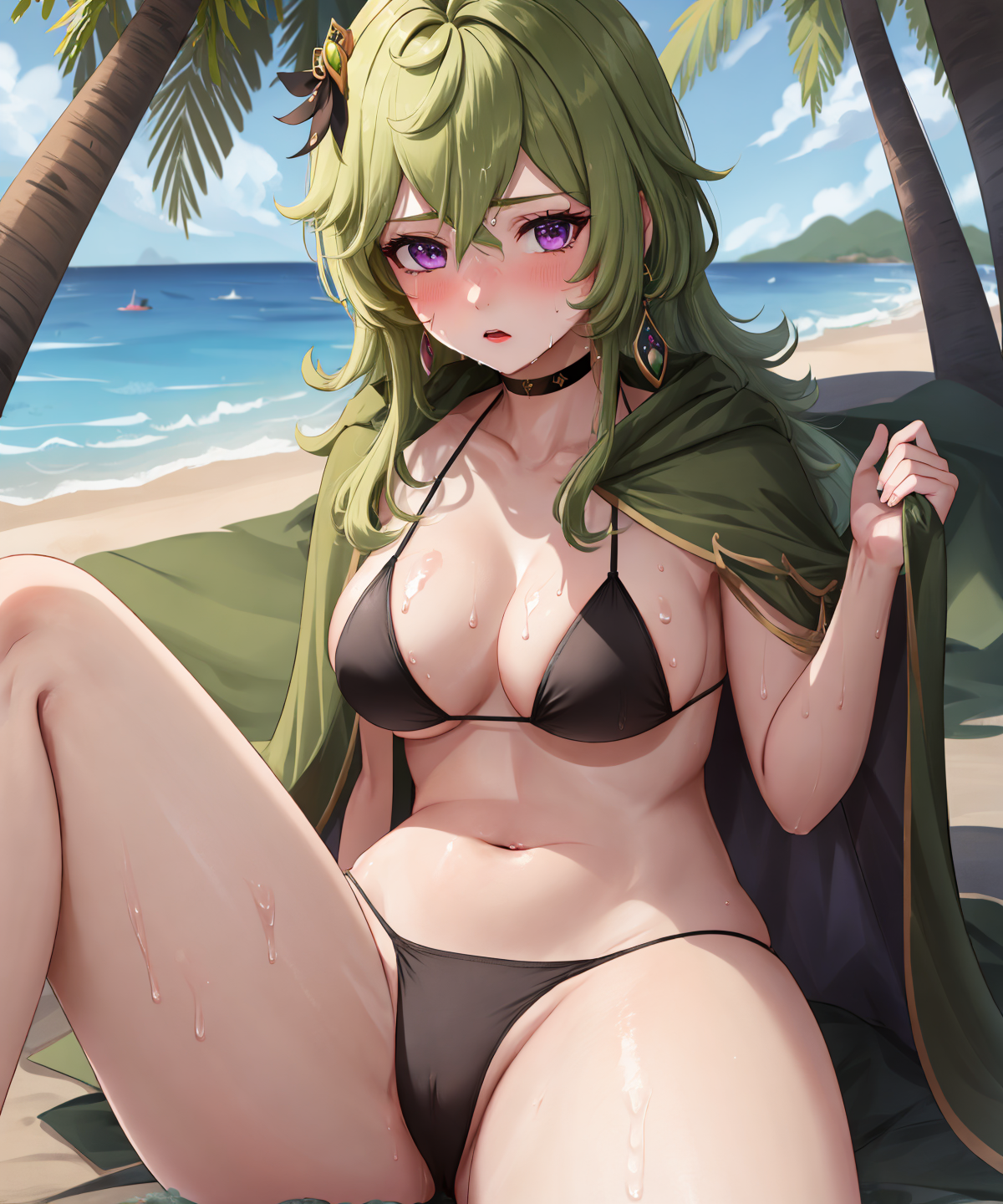 1girls, ai generated, beach, big thighs, bikini, blush, breasts, collei (ge...