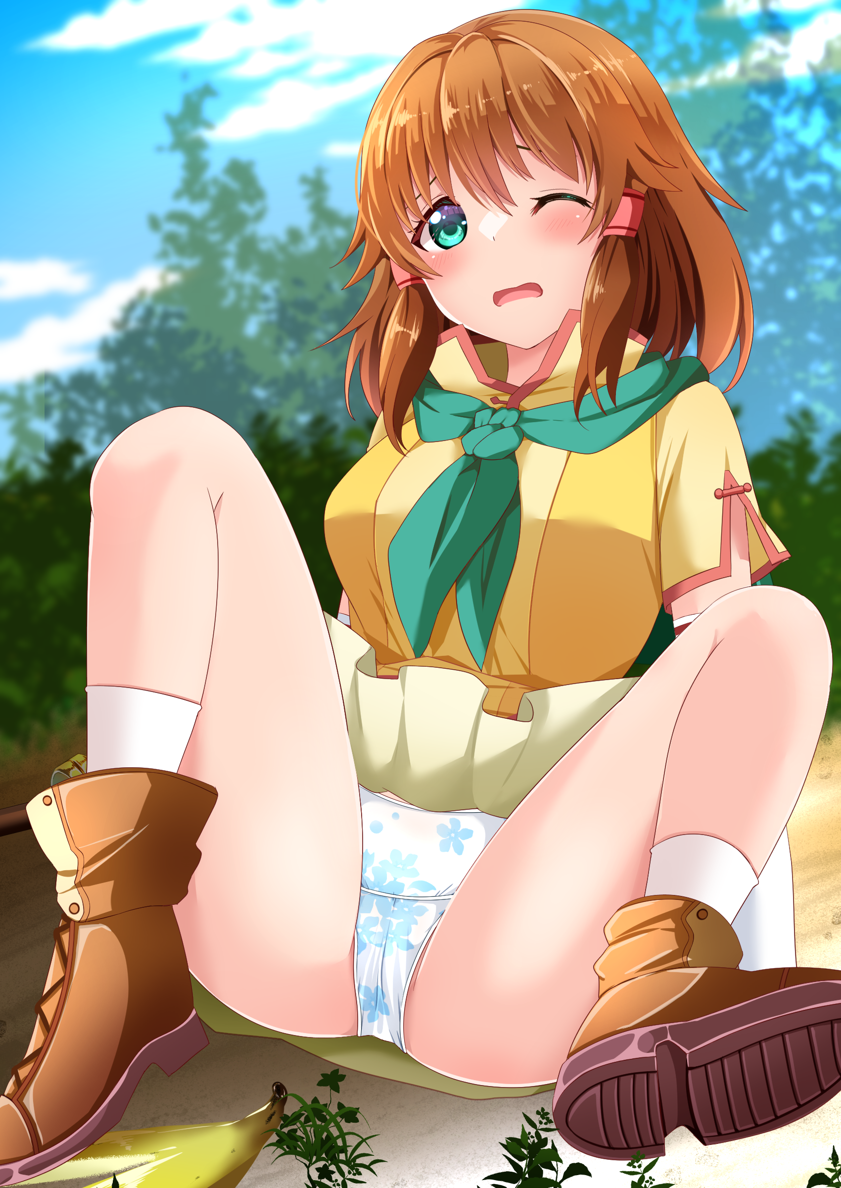 1girls banana banana_peel bangs bare_legs blush boots breasts brown_hair clumsy dress elbow_gloves female female_only fire_emblem fire_emblem:_path_of_radiance frown gloves green_eyes humiliation kisaragi_setsu_(mssk8485) kneehighs legs medium_breasts medium_hair mist_(fire_emblem) nintendo on_ground one_eye_closed open_mouth outdoors panties pantyshot partially_visible_vulva pussy scarf shoes short_sleeves sitting skirt solo spread_legs staff tripping underwear upskirt white_panties