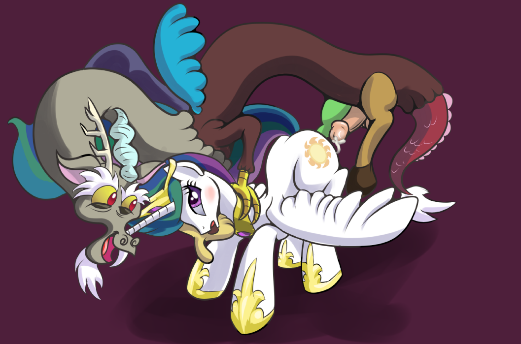 ragingsemi, discord (mlp), princess celestia (mlp), friendship is magic, my little pony, 2013, alicorn, antler, blush, crown, cum, cutie mark, duo, equine, female, hair, horn, horse, male, multi-colored hair, penis, pony, purple eyes, red eyes, straight, wings, 