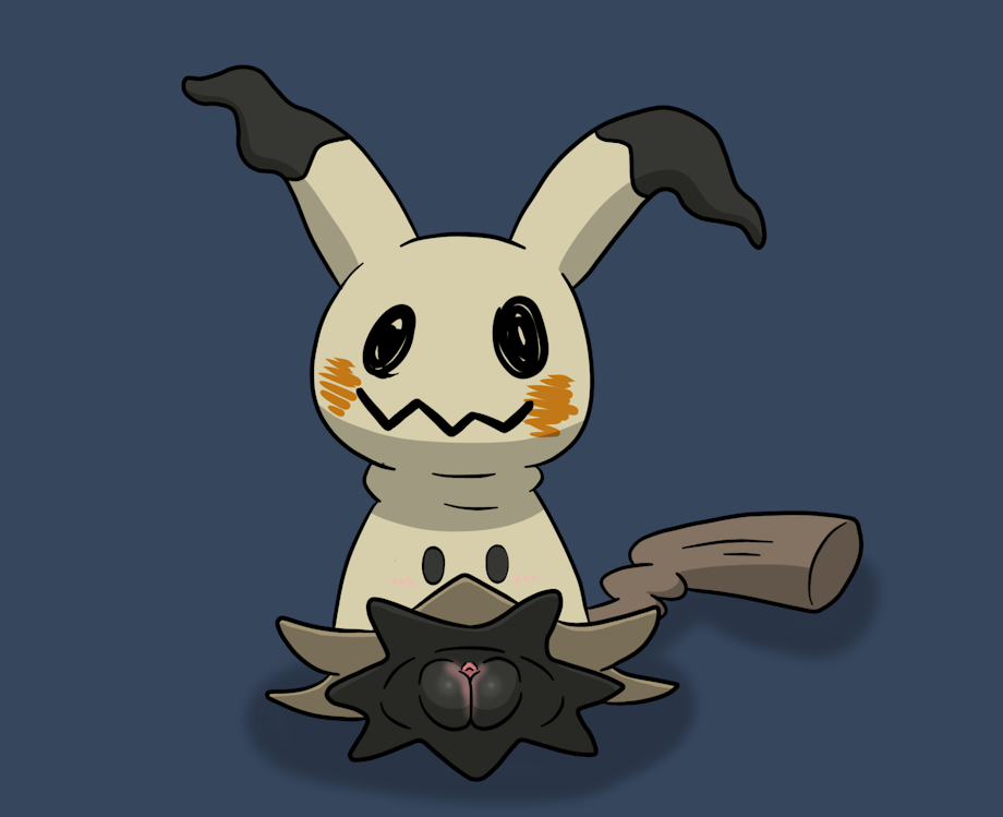mimikyu, nintendo, pokemon sm, blue background, 1girls, black eyes, black skin, clitoris, fairy, female, feral, ghost, jelliest, looking at viewer, pokemon, presenting, pussy, shadow, solo, stick, tail, video games, 
