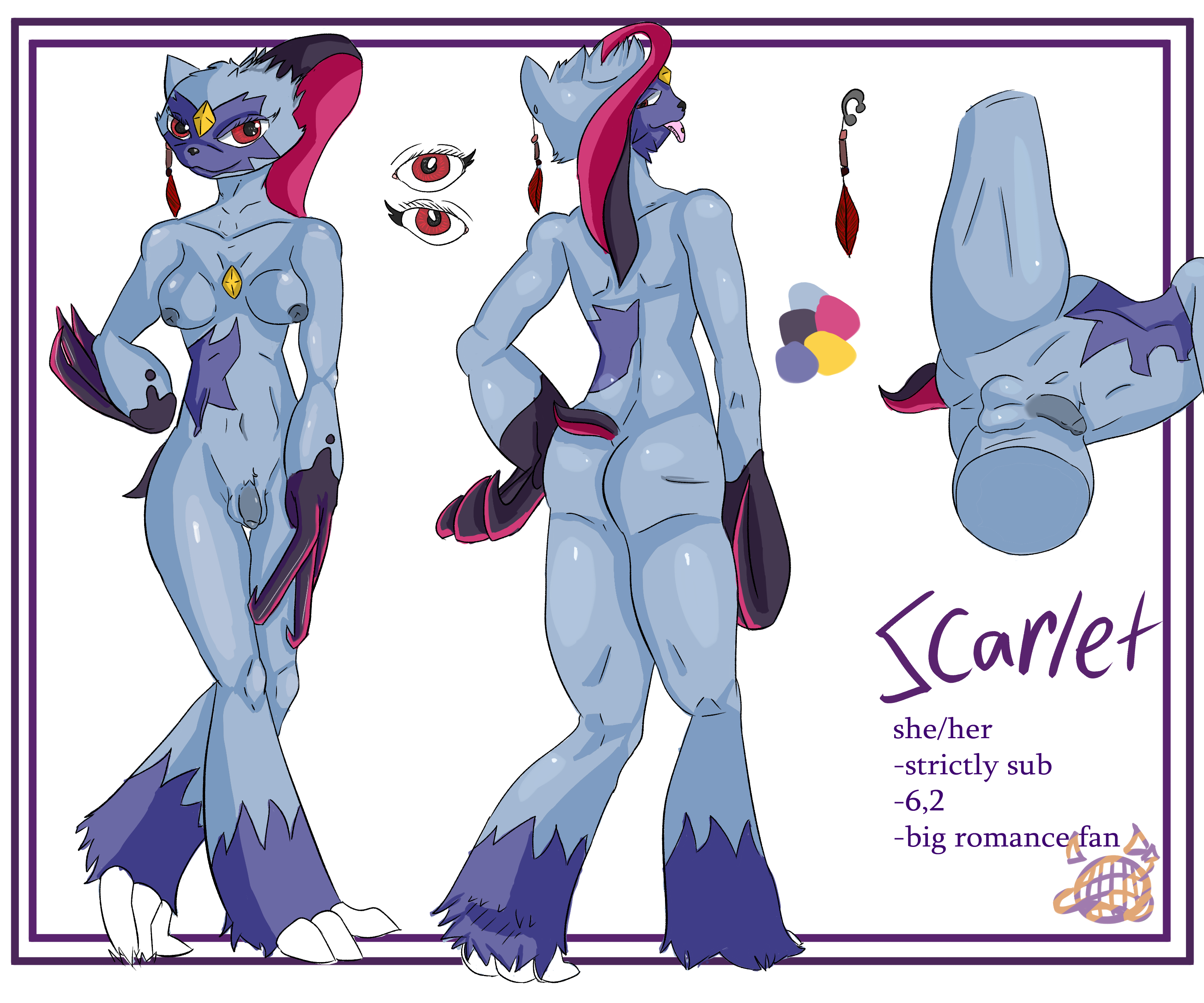 pokemon (species), nintendo, absurd res, hi res, model sheet, simple background, text, white background, anthro, breasts, discodemon, ear piercing, generation 8 pokemon, genitals, gynomorph, intersex, penis, piercing, pokemon, purple body, red eyes, scarlet (discodemon), small penis, sneasler, solo, 