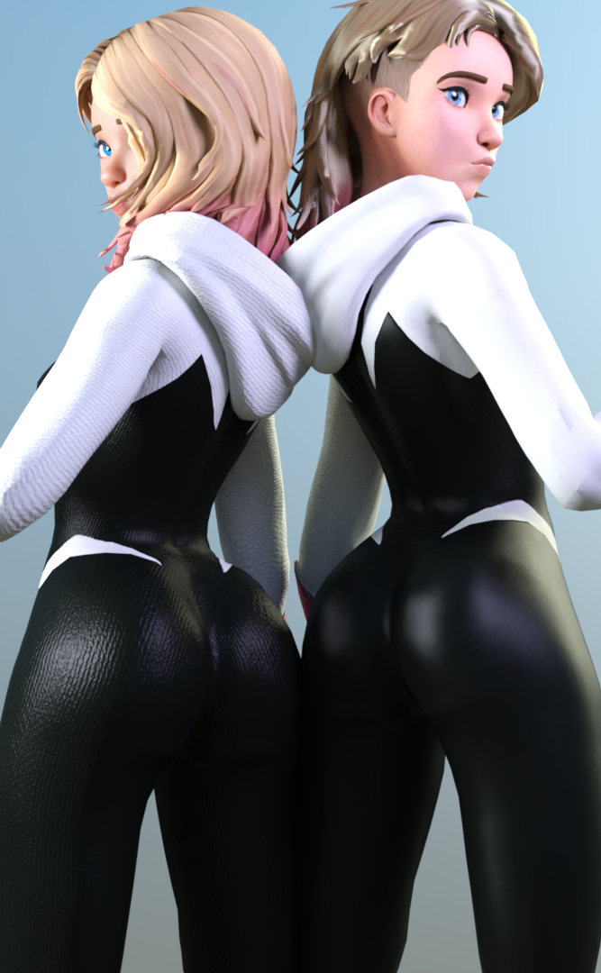 ghost-spider, gwen stacy, spider-gwen, marvel, marvel comics, spider-man: into the spider-verse, spider-man (series), 3d, 2girls, ass, athletic, athletic female, blonde female, blonde hair, blue eyes, bottom heavy, breasts, bust, busty, chest, cleavage, curvaceous, curvy, curvy figure, cute, cute face, eyebrows, eyelashes, eyes, female, female focus, fit, fit female, hair, hero, heroine, hips, hourglass figure, human, legs, light-skinned female, light skin, lips, short hair, slim, slim waist, spider-man: across the spider-verse, superhero, superheroine, thick, thick legs, thick thighs, thighs, upper body, voluptuous, voluptuous female, vtemp, waist, wide hips, 