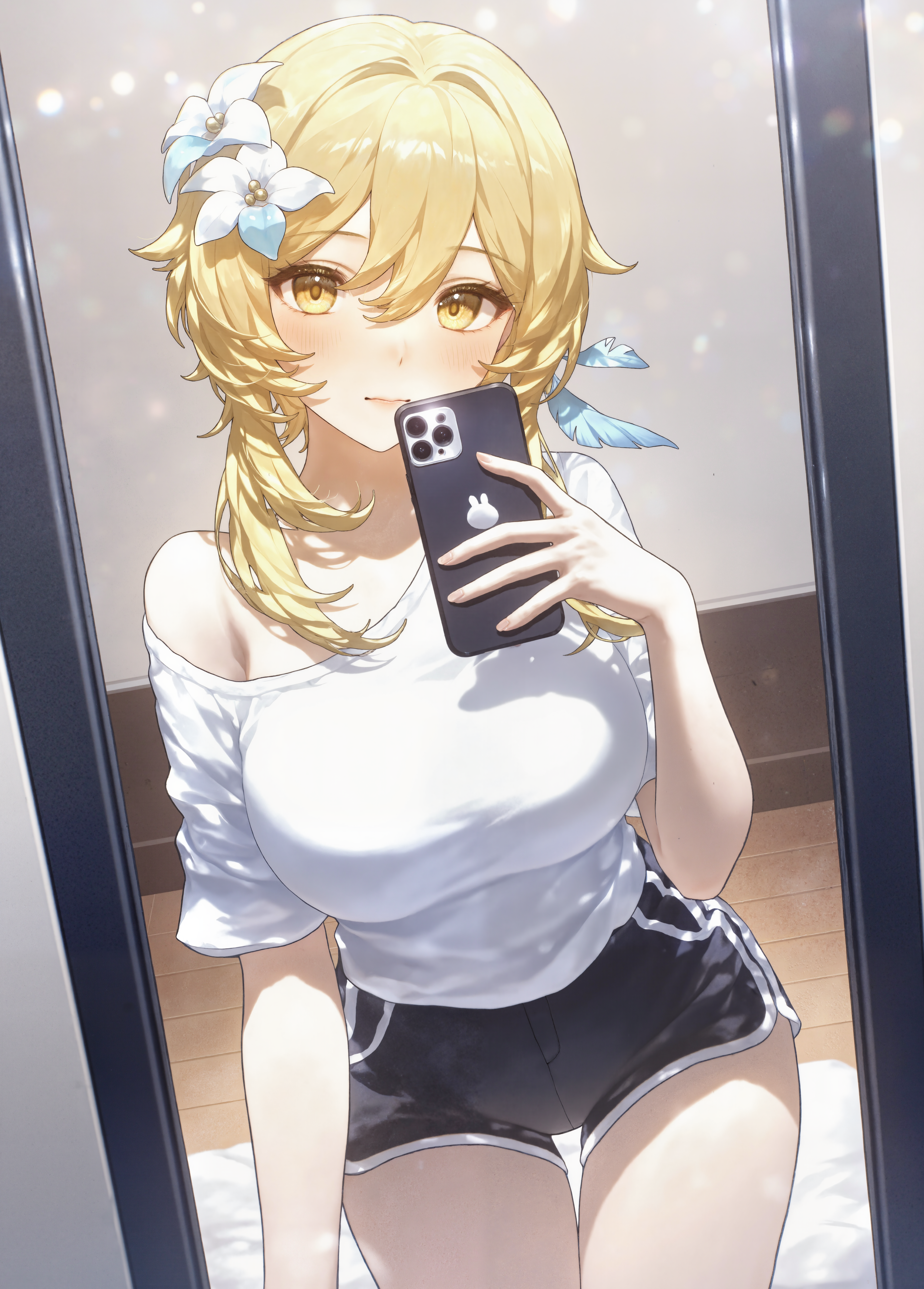 absurd res, ai generated, alternate costume, bare shoulders, black shorts, blonde hair, blush, breasts, casual, cellphone, closed mouth, contemporary, cowboy shot, dolphin shorts, dutch angle, feather hair ornament, feathers, female, female pov, flower, genshin impact, hair between eyes, hair flower, hair intakes, hair ornament, hand up, holding, holding phone, indoors, iphone, large breasts, leaning forward, light particles, light smile, lily (flower), long hair, looking at mirror, looking at viewer, lumine (genshin impact), medium breasts, medium hair, micro shorts, ministro, mirror, off-shoulder shirt, off shoulder, phone, pov, reflection, selfie, shirt, shirt tucked in, short hair, short hair with long locks, short shorts, short sleeves, shorts, side slit shorts, sidelocks, single bare shoulder, single off shoulder, smartphone, smile, solo, standing, t-shirt, taking picture, taut clothes, taut shirt, thigh gap, thighs, white flower, white shirt, wooden floor, yellow eyes, 