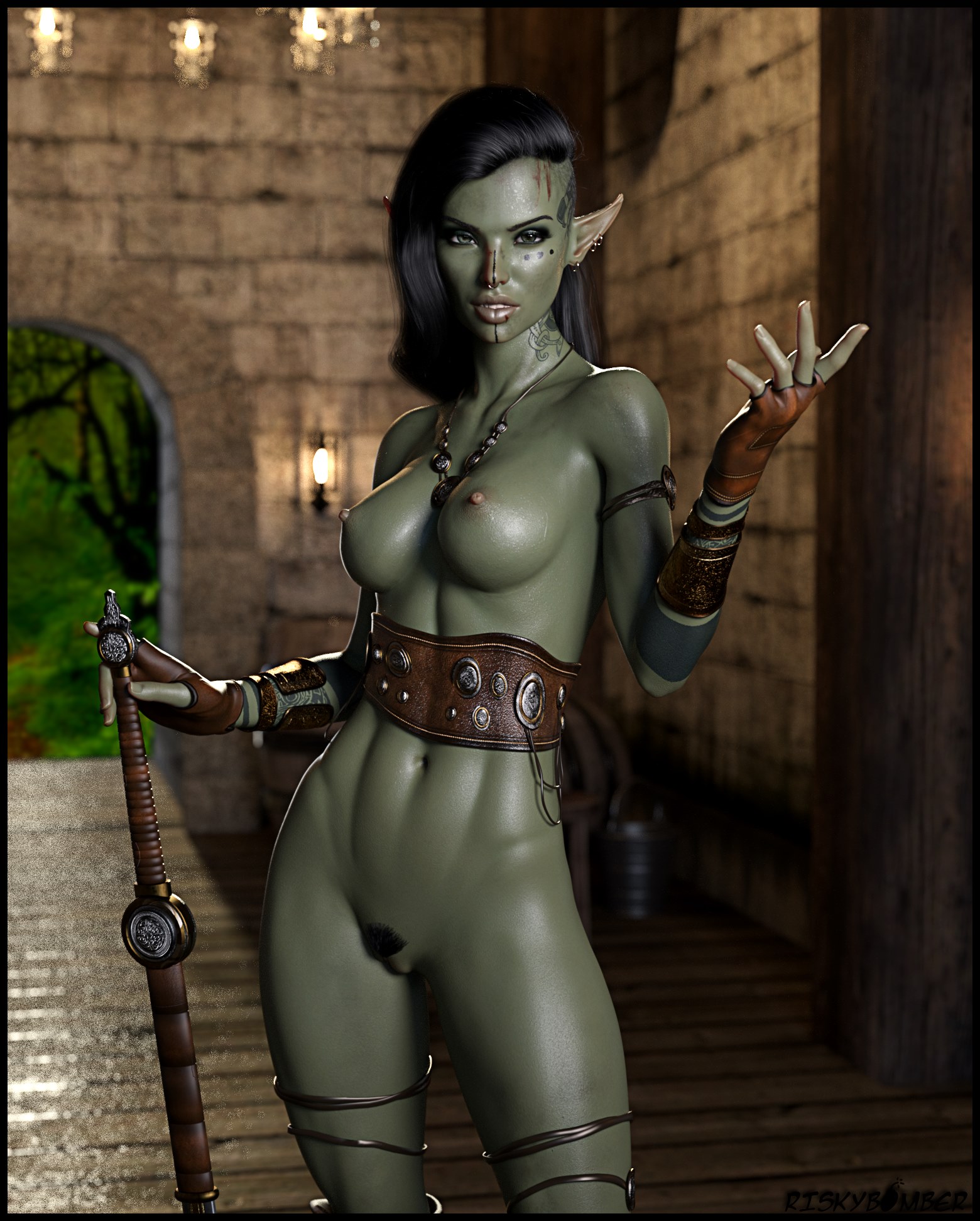 huntress, original character, original, 3d, 1girls, adult, areola, areolae, artist name, athletic, athletic female, belly, black hair, busty, curvy, ear piercing, earrings, facial mark, facial markings, female, female focus, fit, fit female, gloves, green body, green skin, hair, hips, hourglass figure, humanoid, legs, lips, long ears, long hair, lower body, medium breasts, midriff, mostly nude, naked, nipples, nude female, orc, orc female, orc humanoid, partially clothed, piercing, piercings, riskybomber, stomach, tattoo, tattoos, tribal tattoo, upper body, voluptuous, 