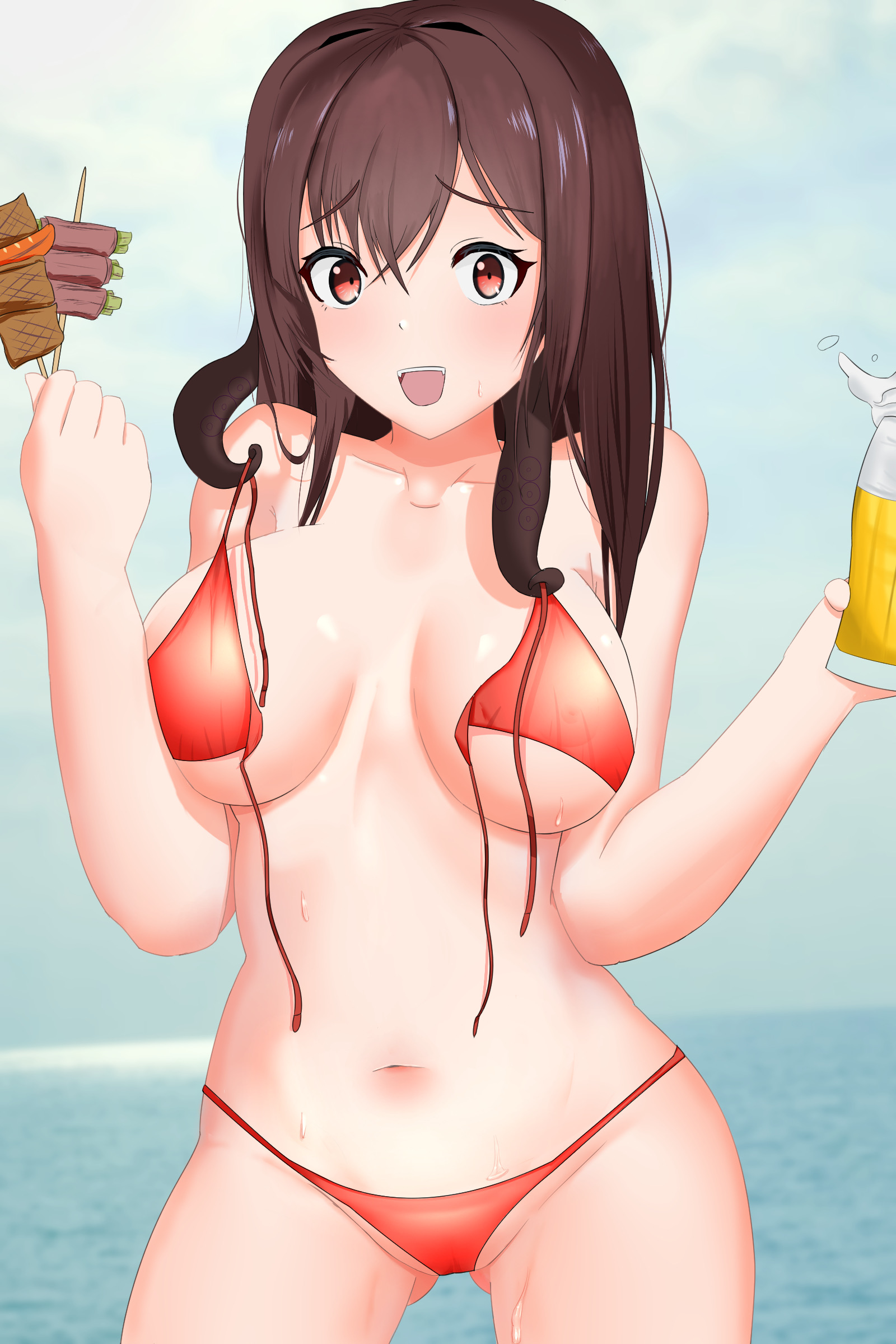 azur lane, 1girls, 8686festa (hashiri kōhei), alternate costume, beach, beer, belly button, bikini, blush, breasts, brown hair, drinking glass, embarrassed, female, female only, food, huge breasts, light-skinned female, light skin, looking at viewer, meat, meat skewer, official alternate costume, outside, red bikini, red eyes, royal fortune (azur lane), royal fortune (eyes on the prize) (azur lane), skewer, solo, surprised, swimsuit, tempesta (azur lane), tentacle, tentacle hair, wardrobe malfunction, water, 