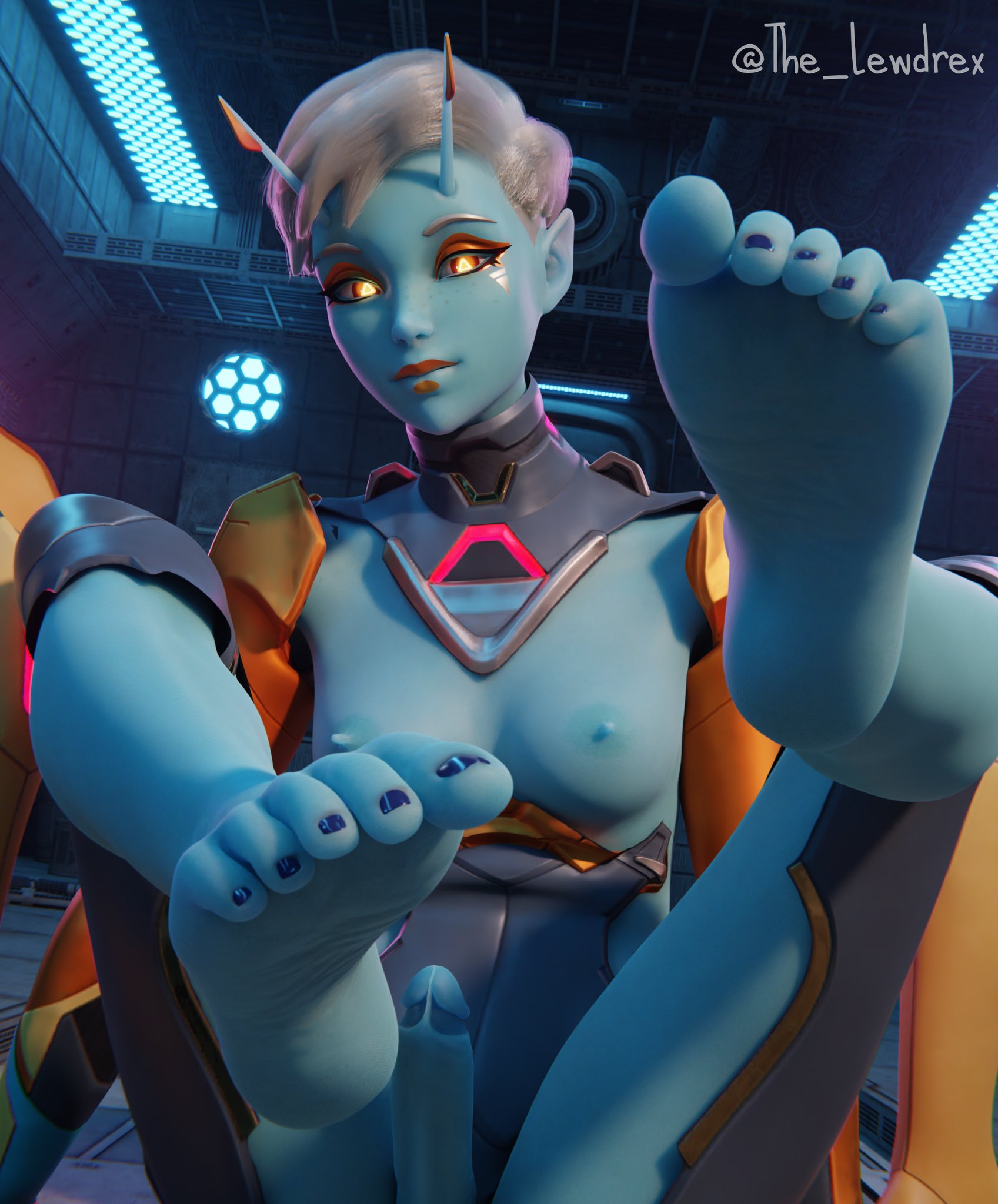 lewdrex, epic games, fortnite, 3d, alternate version available, blender, watermark, 1futa, abs, alien, alien girl, alien humanoid, antennae (anatomy), areolae, armor, athletic, athletic female, balls, blue body, blue skin, breasts, breasts out, detailed background, erection, feet, feet up, female, female focus, female only, freckles, freckles on face, futa only, futanari, glowing, glowing eyes, joey (fortnite), leg up, legs up, legwear, looking at viewer, medium breasts, nipples, no bra, no panties, on floor, partially clothed, penis, presenting, presenting breasts, presenting feet, presenting penis, shoulder armor, shoulder pads, sitting, small breasts, smile, smiling, soles, solo, solo focus, toes, 