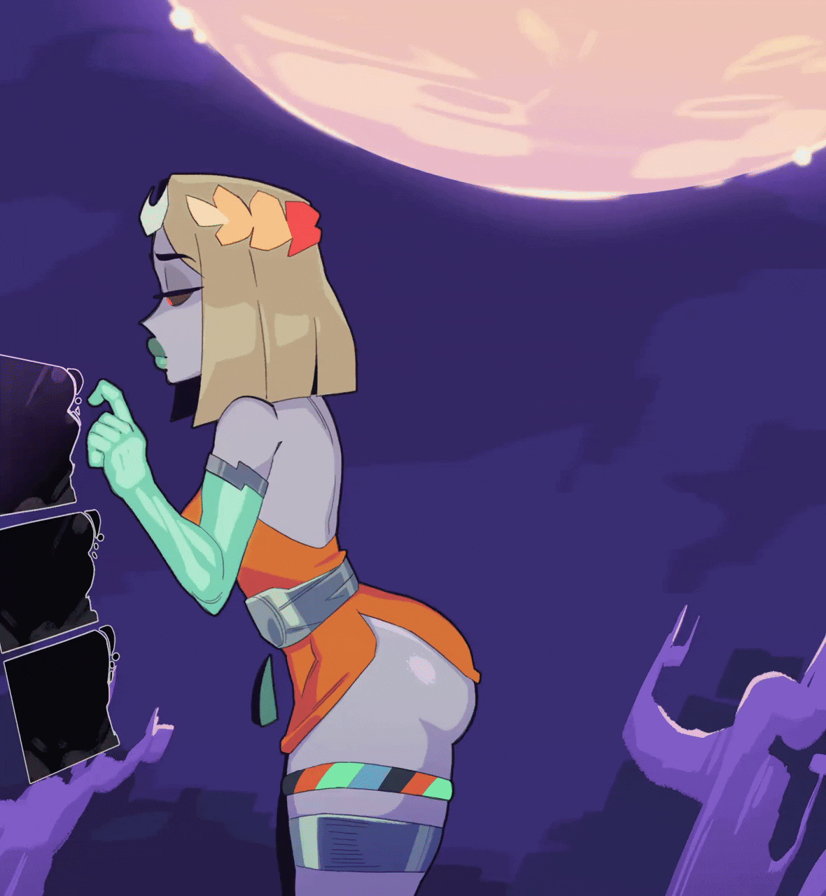 1girls animated ass_expansion big_breasts black_sclera blonde_hair bouncing_ass bouncing_breasts breast_expansion breasts bubble_ass bubble_butt dress female female_only green_arms green_lips green_lipstick grey_body grey_skin hades_2 hair half-closed_eyes legwear lips lipstick looking_to_the_side medium_breasts melinoe_(hades) neckwear no_sound orange_dress parted_lips red_eyes short_dress short_hair side_boob side_view sideboob solo solo_female surprised surprised_expression thick_lips thick_thighs thigh_expansion thigh_strap thighs zephyrgales