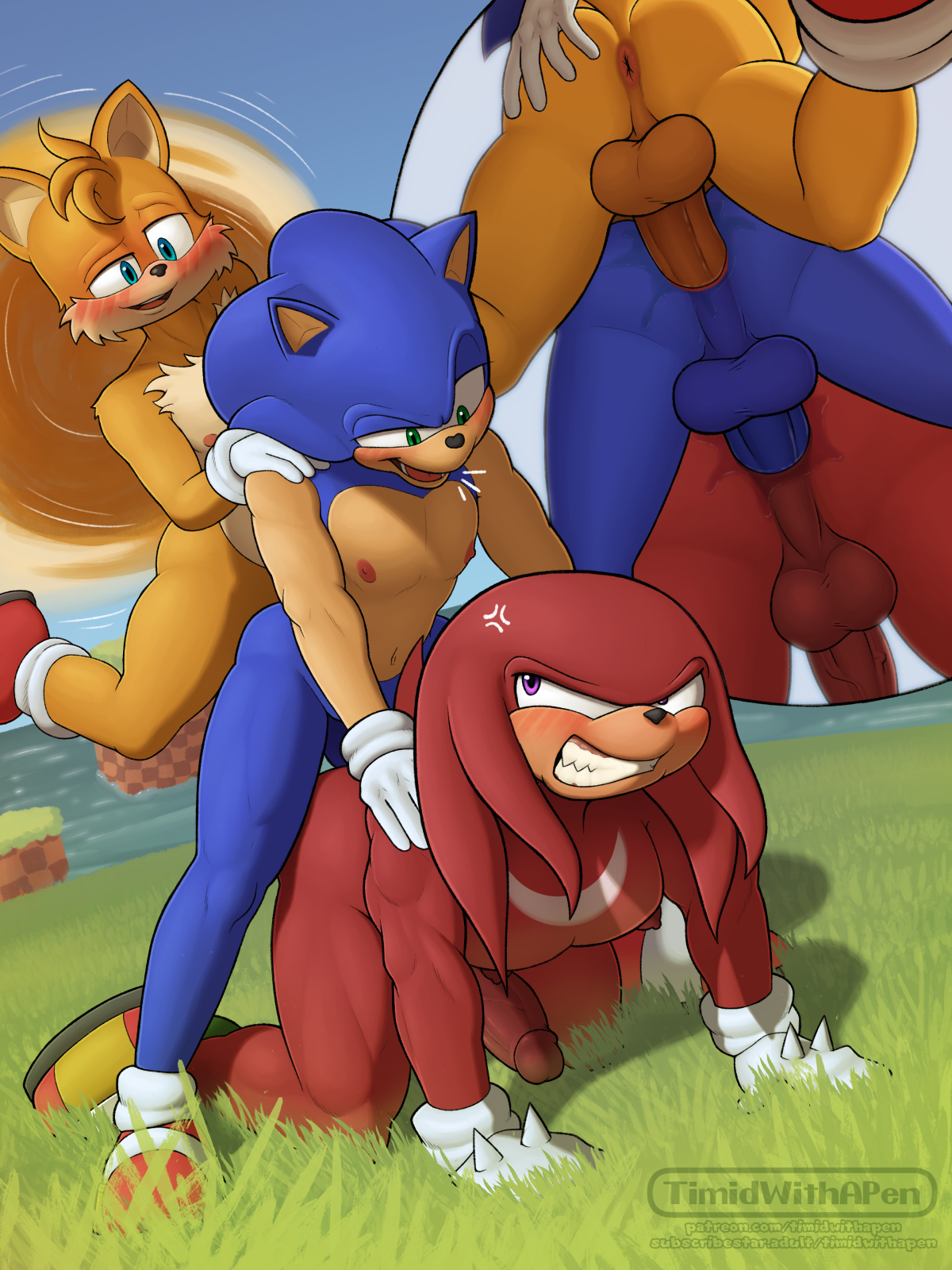 all_fours anal anal_sex angry anthro anus ass balls big_balls big_penis blush bodily_fluids canid canine clenched_teeth clothing cross-popping_vein digital_media_(artwork) doggy_style dreadlocks echidna erection eulipotyphlan flying footwear fox from_behind_position fur gay gay_male genitals gloves grab_the_butt grass group group_sex hand_on hands_on_shoulders handwear hedgehog hi_res humanoid_genitalia humanoid_penis knuckles_the_echidna male male/male male_penetrated male_penetrating male_penetrating_male mammal monotreme muscular muscular_male nipples nude open_mouth outside penetration penile penile_penetration penis plant sea sega sex shoes skinny sky smile socks sonic_(series) sonic_the_hedgehog sonic_the_hedgehog_(series) tail tails tails_the_fox teeth timidwithapen tongue train_position trio water yaoi