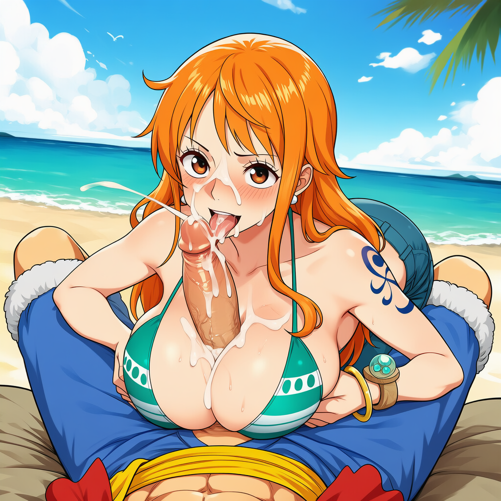 1boy abs ai_generated bangle beach big_breasts bikini bikini_top_only blue_sky blush bracelet breasts breasts_squeezed_together brown_eyes cleavage cloud cum cum_in_mouth cum_on_body cum_on_breasts cum_on_tongue day denim earrings ejaculation erection facial fellatio female jewelry licking licking_penis long_hair looking_at_viewer male monkey_d_luffy nami_(one_piece) ocean one_piece open_mouth oral orange_hair outside paizuri paizuri_under_clothes pants penis pov pov_crotch projectile_cum shorts shoulder_tattoo sky solo_focus straight swimsuit tattoo tongue tongue_out trewg001 uncensored veins veiny_penis