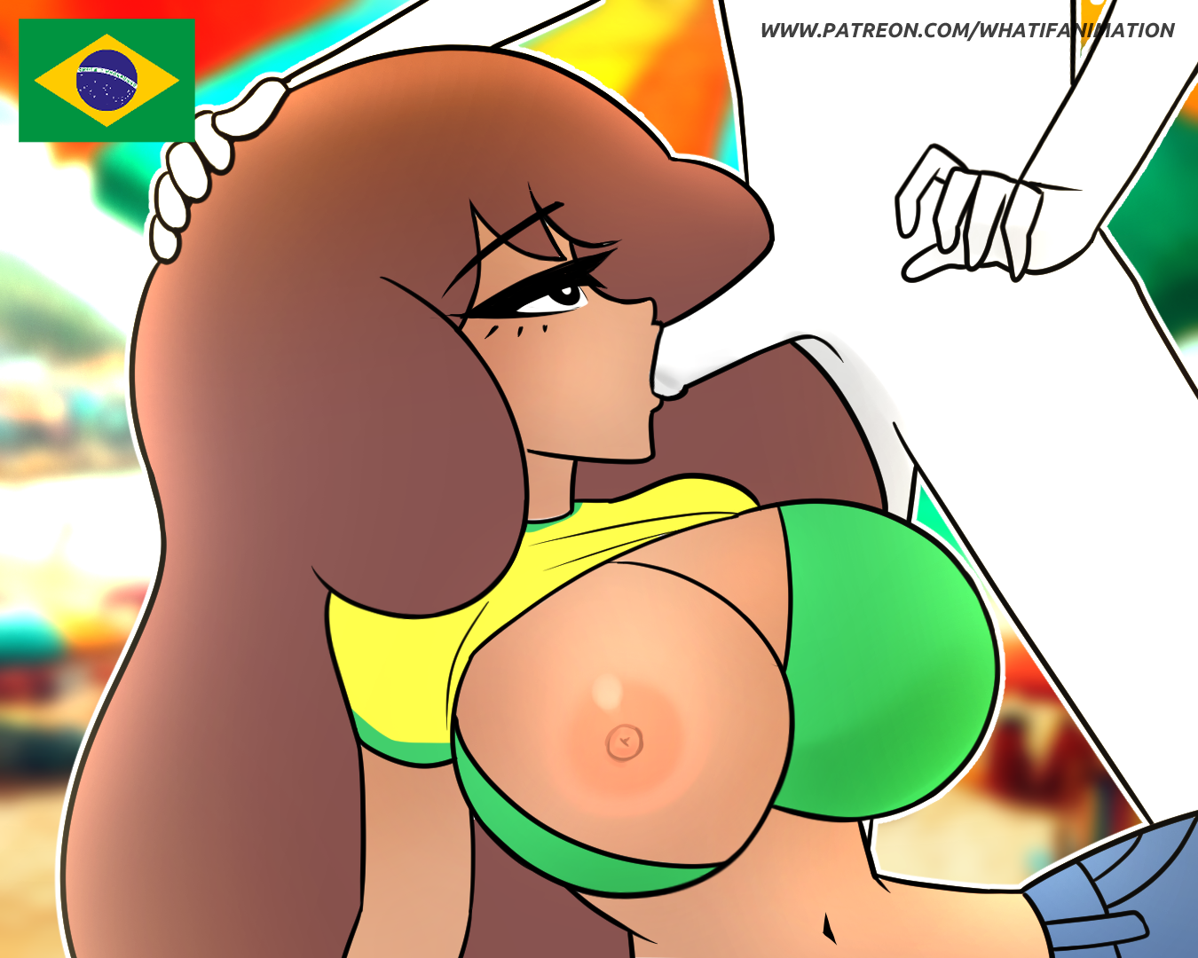 1boy 1girls big_breasts blowjob bra bra_pull brasil brazil brazil_(what_if_animation) brazilian brazilian_female brazilian_flag breasts brown_hair fellatio female green_bra hetero holding_head latina lívia_(what_if_animation) male national_personification navel nipples one_breast_out original partial_male patreon patreon_link patreon_url sex shirt shirt_lift unseen_male_face what_if_animation_(artist)