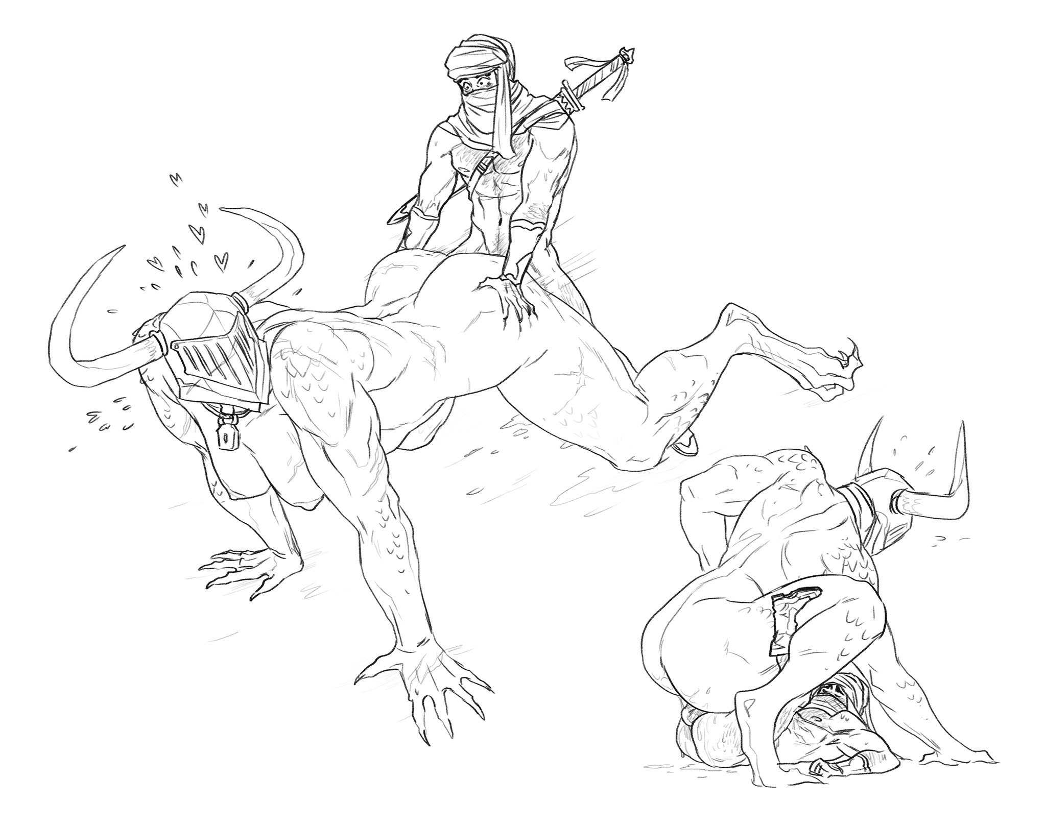 monochrome, sketch, all fours, amazon position, ass, big ass, breasts, doggy style, helmet, larger female, monster girl, nude, pencilbrusch, sex, size difference, taken from behind, 