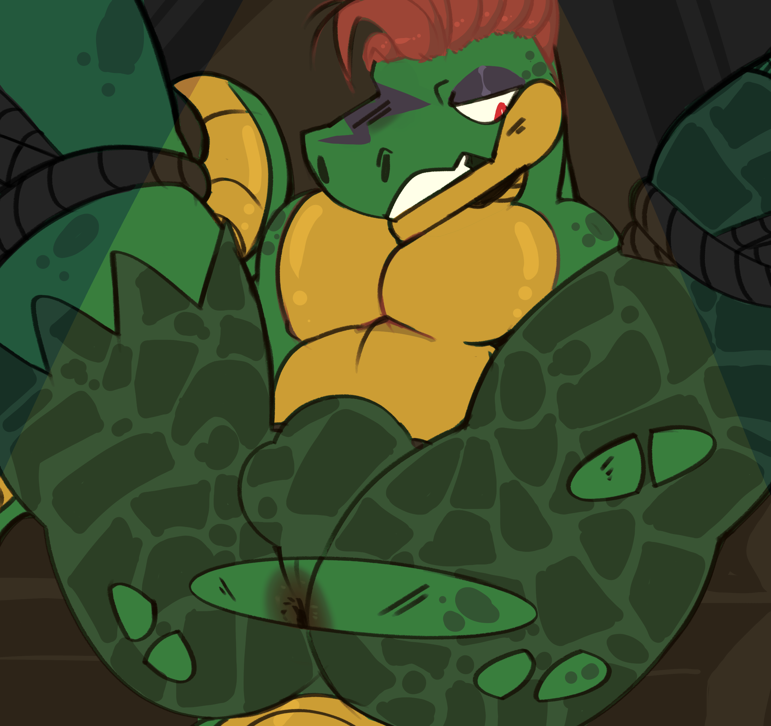 colored, digital media (artwork), hi res, shaded, 2022, alligator, alligatorid, anthro, bondage, bound, bulge, clothed, clothing, crocodilian, green body, hair, hole (anatomy), knightferret, male, montgomery gator (fnaf), partially clothed, red hair, reptile, restraints, rope, rope bondage, scalie, scottgames, solo, torn clothing, video games, 
