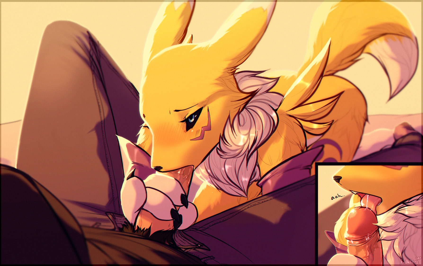 fireflufferz, digimon (species), renamon, bandai namco, digimon, 2015, hi res, text, anthro, armwear, black nose, black sclera, blue eyes, bodily fluids, bridal gauntlets, clothing, cutaway, duo, faceless character, faceless male, fellatio, female, foreskin, fur, genitals, handjob, kneeling, kneeling oral position, licking, male, male/female, neck tuft, oral, penile, penis, penis lick, pubes, saliva, sex, tongue, tongue out, tuft, unzipped, unzipped pants, white body, white fur, yellow body, yellow fur, 