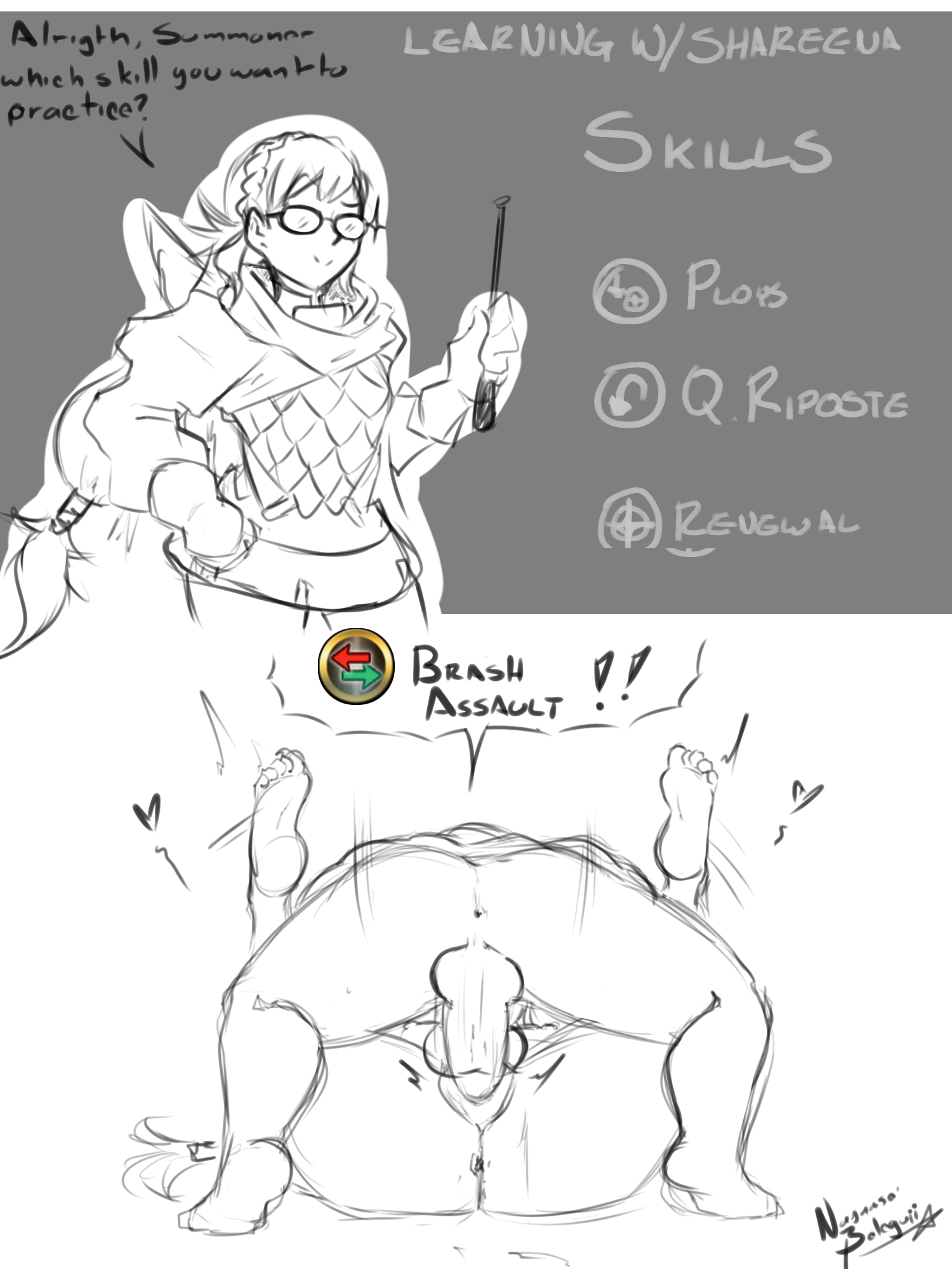 nayaase beleguii, sharena (fire emblem), fire emblem, fire emblem heroes, nintendo, english text, text, 1boy, 1girls, ass, dialogue, female, gameplay mechanics, glasses, instant loss 2koma, male, male anus, mating press, sex, straight, 