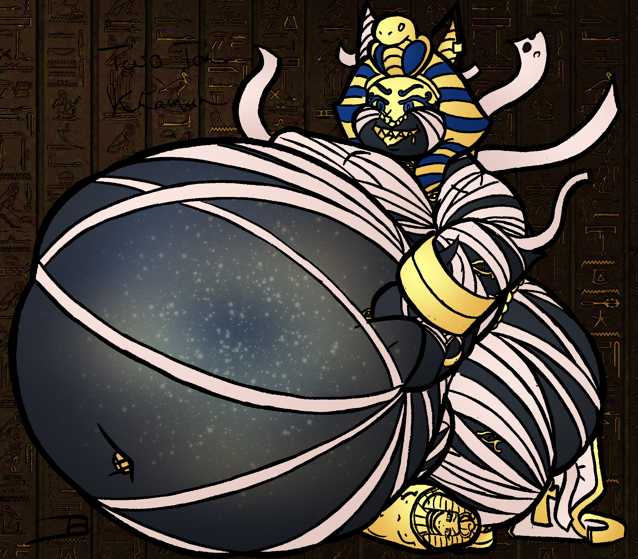 tagme, armor, bandage, belly, boots, chubby, chubby belly, delver (looters), egyptian, eldritch, fat, fat belly, gold eyes, gold jewelry, gold mask, gold tooth, huge breasts, hyper, hyper ass, hyper hyper thighs, knight, looters (neoclassical succubus), masked, masked male, mummy, obese, open mouth, paws, pharaoh, sarcophagus, sharp teeth, tongue out, two tons khamun, unusual skin color, weapon, 