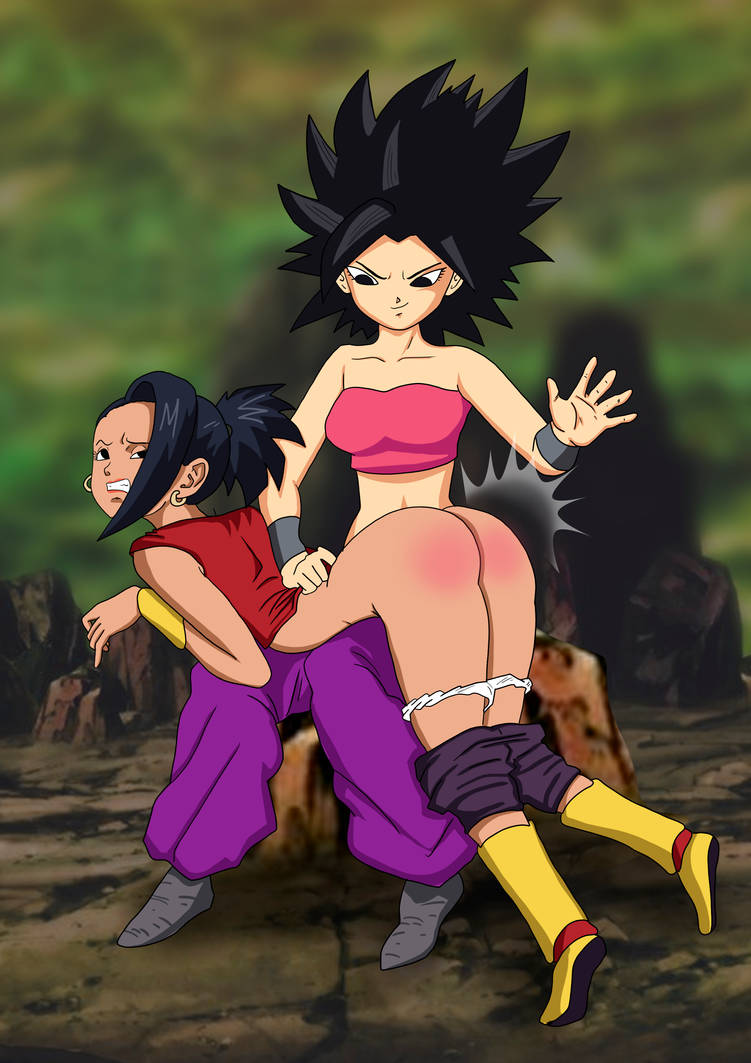 caulifla, kale, dragon ball super, !!, black eyes, black hair, hands on back, looking back, over the knee spanking, panties down, pants down, purple pants, red skirt, small breasts, smile, spank marks, spanking, tournament of power, white panties, 