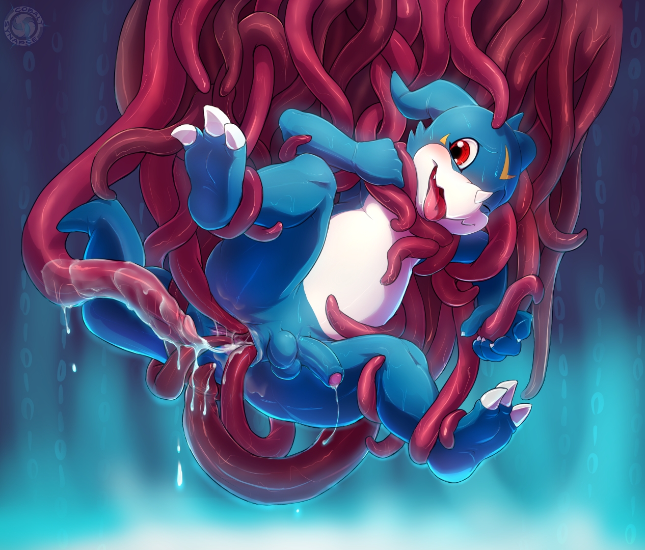 veemon, digimon, 2016, simple background, 3 toes, anal, anal sex, armpits, balls, claws, cobaltsynapse, consentacles, cum, cum inside, feet, gay, hindpaw, male, male only, open mouth, paws, penetration, penis, plantigrade, semi-anthro, soles, solo, tentacle, toe claws, toes, uncut, 