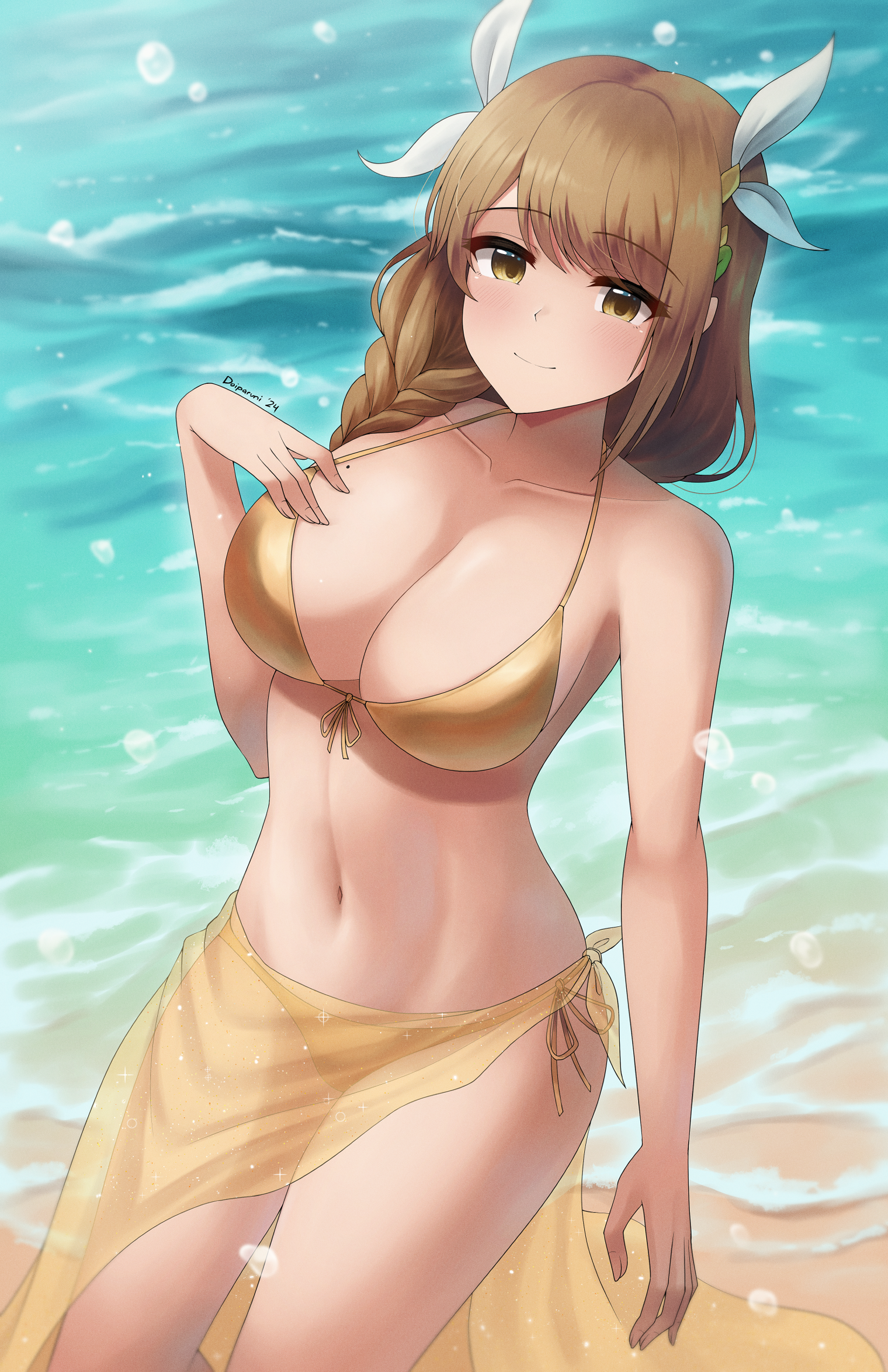 1girls alternate_costume bangs bare_midriff bare_shoulders beach beauty_mark bikini braid braided_ponytail breasts brown_hair cleavage closed_mouth collarbone doiparuni female female_only fire_emblem fire_emblem_engage gold_bikini gold_swimsuit goldmary_(fire_emblem) hair_over_shoulder hair_ribbon hand_on_own_chest highres low_ponytail midriff mole mole_on_breast nintendo ocean outdoors ribbon sarong see-through shoulders side_ponytail solo swimsuit white_ribbon yellow_bikini yellow_eyes yellow_swimsuit