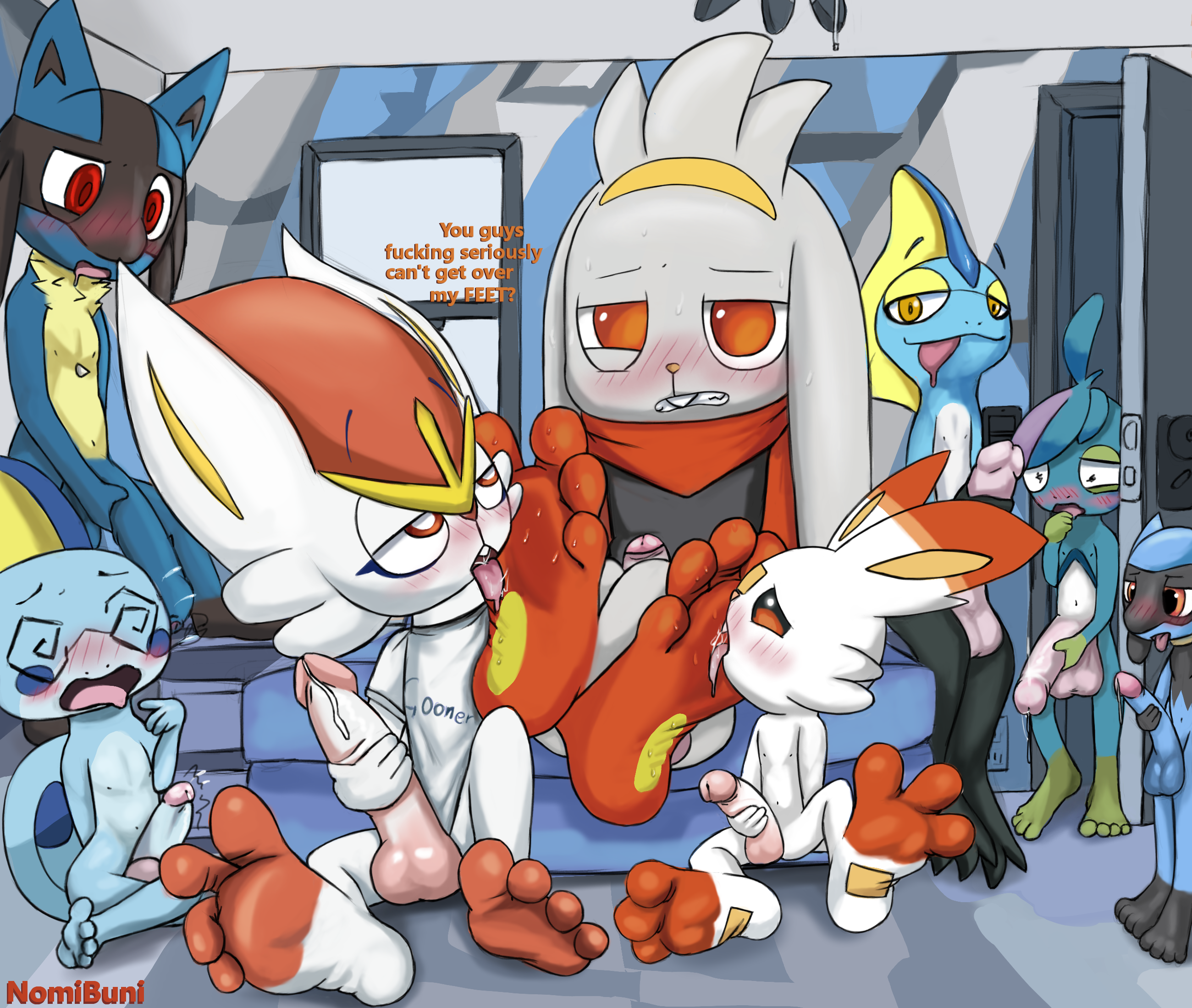 anthro balls blush cinderace drizzile erection feet foot_fetish generation_4_pokemon generation_8_pokemon genitals group hi_res hindpaw humanoid inteleon lagomorph leporid licking lucario male male/male mammal nintendo nomibuni paws penis pokemon pokemon_(species) pornography rabbit raboot riolu scorbunny sobble tongue
