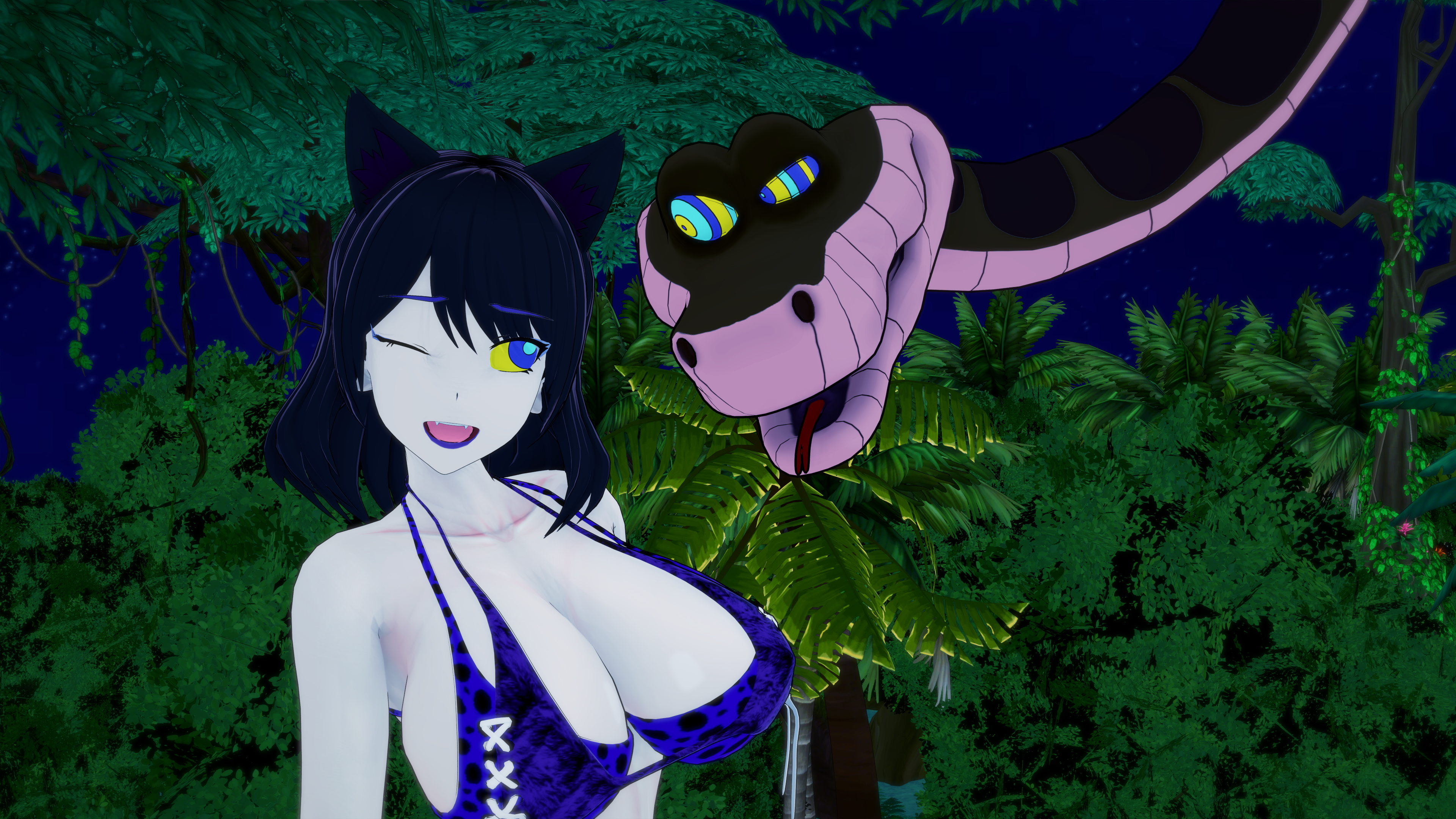 1girls 3d ass bikini black_hair blake_belladonna breasts cat_ears cat_girl crossover fat_ass faunus female hypnosis jungle kaa kaa_eyes koikatsu large_ass large_breasts leopard_print lipstick mind_control mrkoiru nervous outdoors pale_skin purple_lipstick resisting rwby short_hair snake swimsuit the_jungle_book tree weak_resistance yellow_eyes