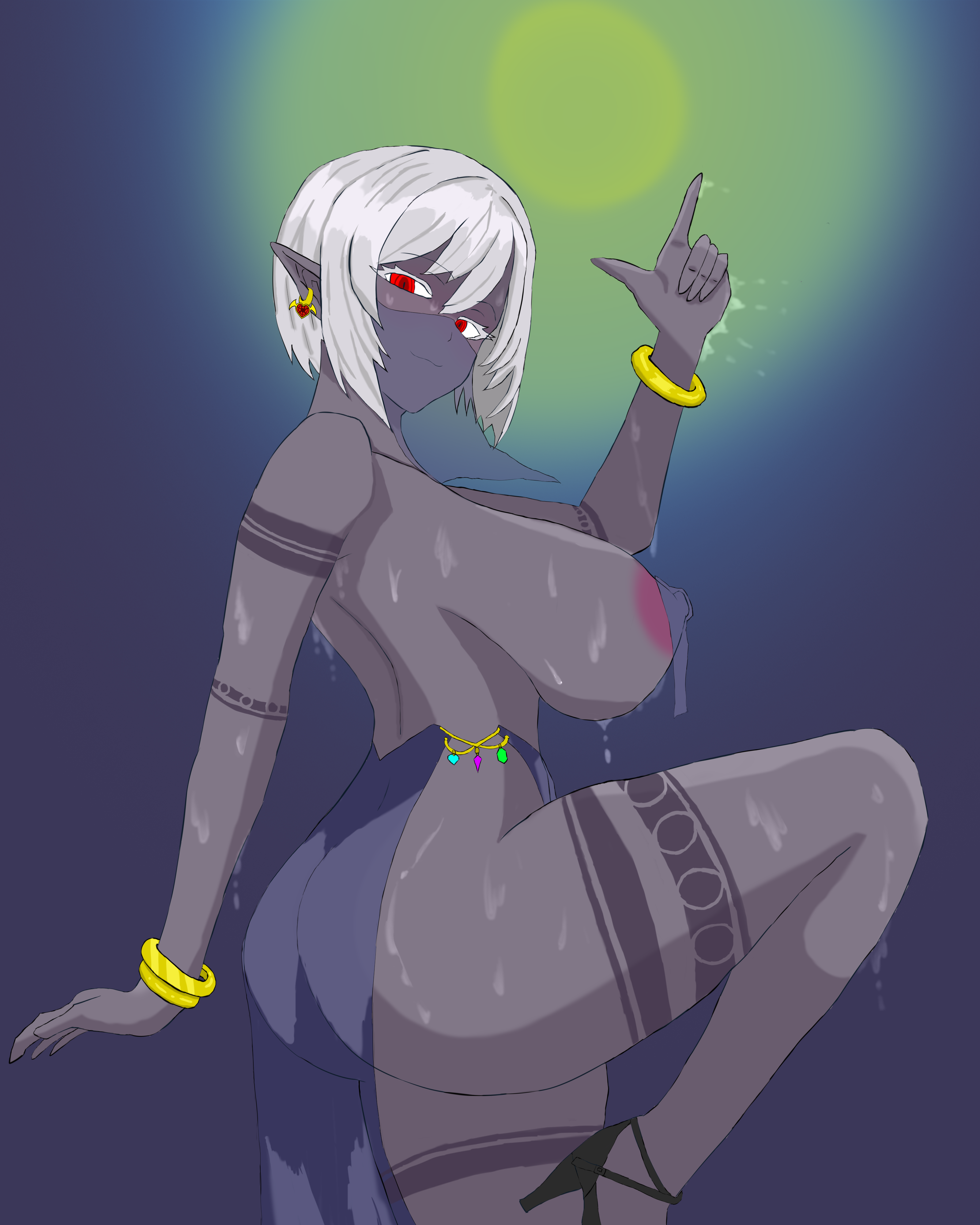 ass breasts breasts_bigger_than_head breasts_out breasts_outside dancer dancer_class dancer_outfit dark_elf dark_skin female looking_at_viewer mr302ss2 sweat