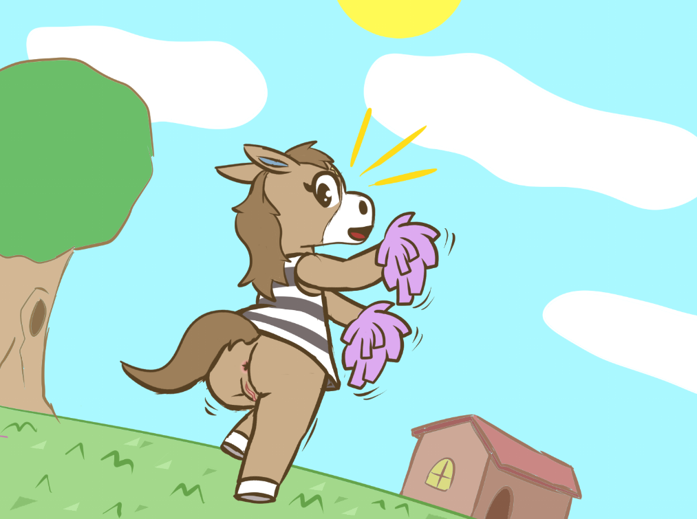 winnie (animal crossing), animal crossing, nintendo, anthro, anus, bottomless, cheerleader, clothed, clothing, equid, equine, female, genitals, horse, looking back, mammal, outside, plant, pussy, solo, tree, video games, weirdkoaladream, 