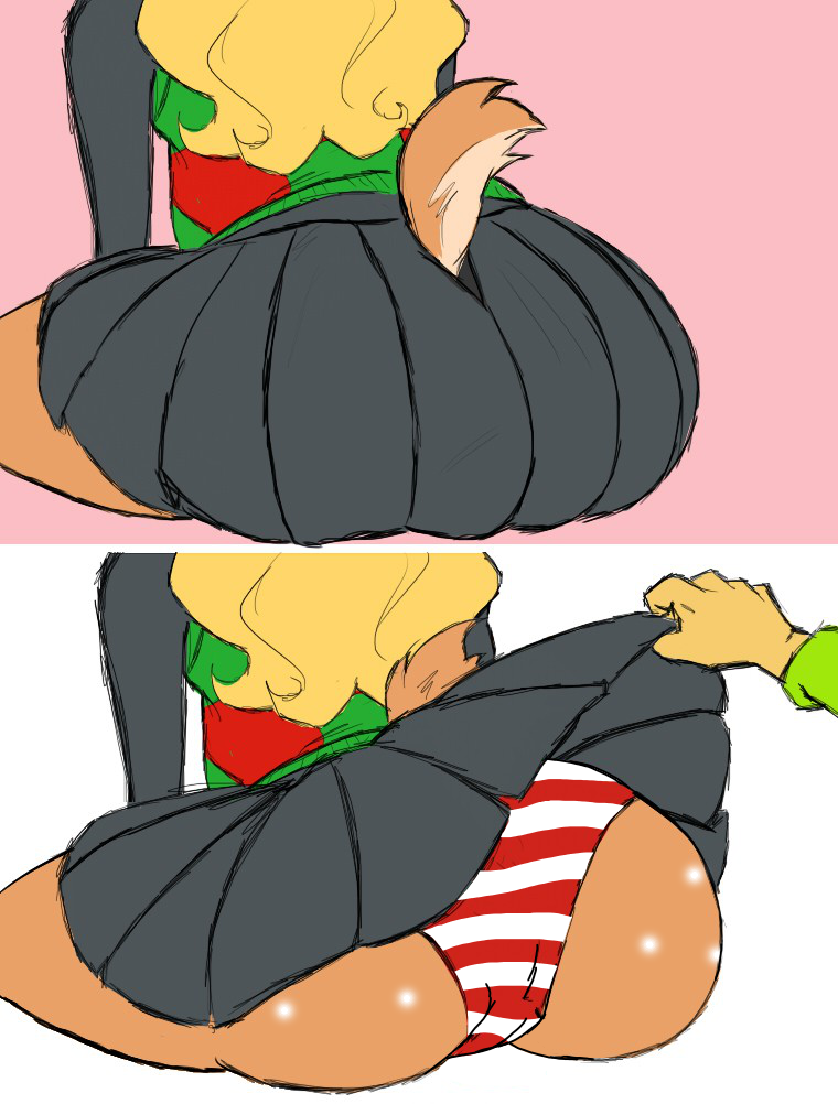 artist_request ass assisted_exposure black_skirt blonde_hair brown_fur bubble_ass bubble_butt deltarune edit female full_back_panties huge_ass huge_butt kris_(deltarune) lifted_skirt noelle_holiday oblivious panties pink_background red_panties sexual_harassment skirt_lift sweater tail tail_through_clothes tail_through_skirt thick_thighs upskirt white_background