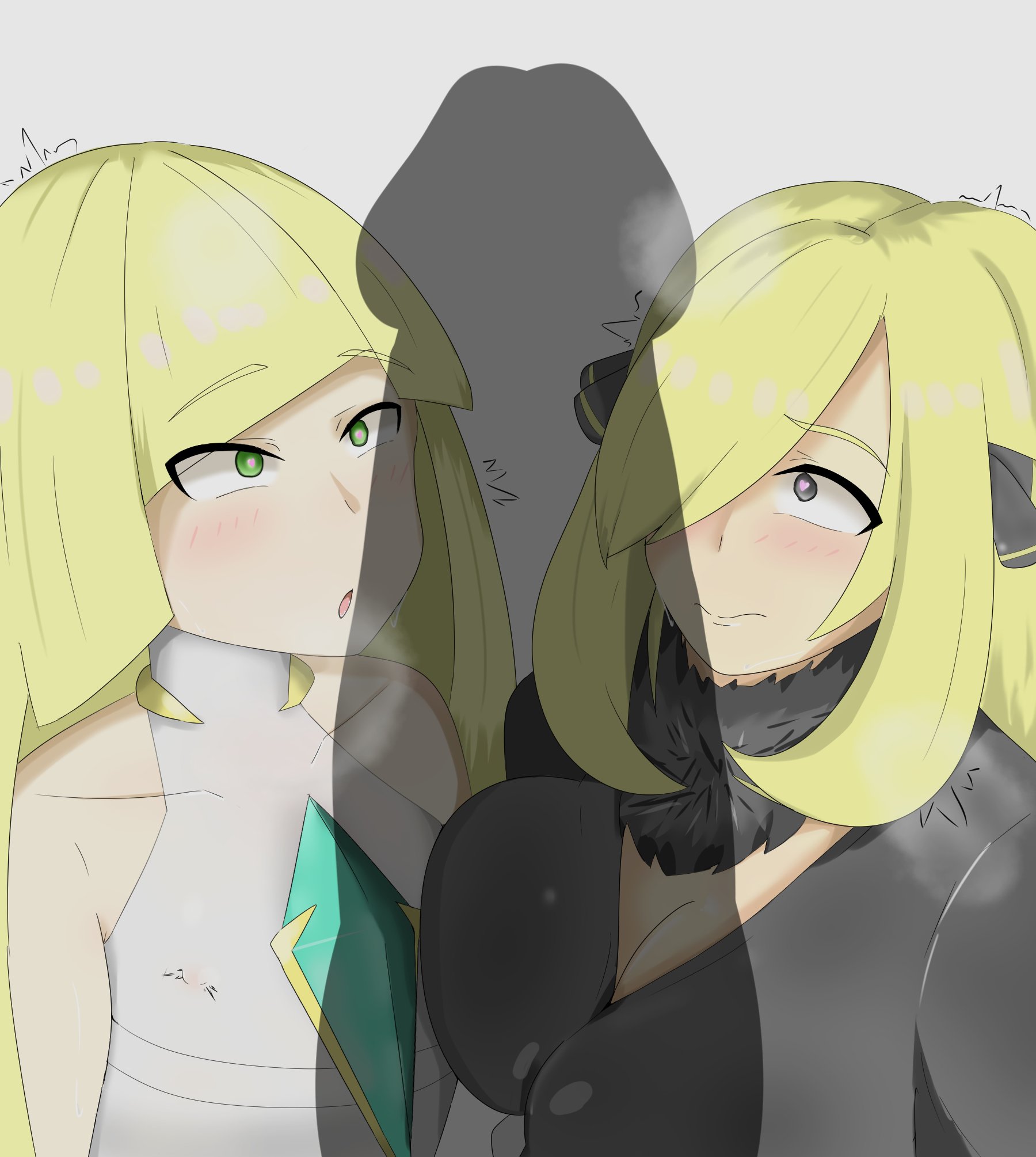 shutchi, cynthia (pokemon), lusamine (pokemon), nintendo, pokemon dppt, pokemon sm, 1boy, 2girls, big breasts, blonde hair, blush, female, green eyes, grey eyes, heart-shaped pupils, huge breasts, huge cock, human, large penis, long hair, long penis, mature female, milf, mother, pale-skinned female, pale skin, pokemon, small breasts, surprised, trembling, 