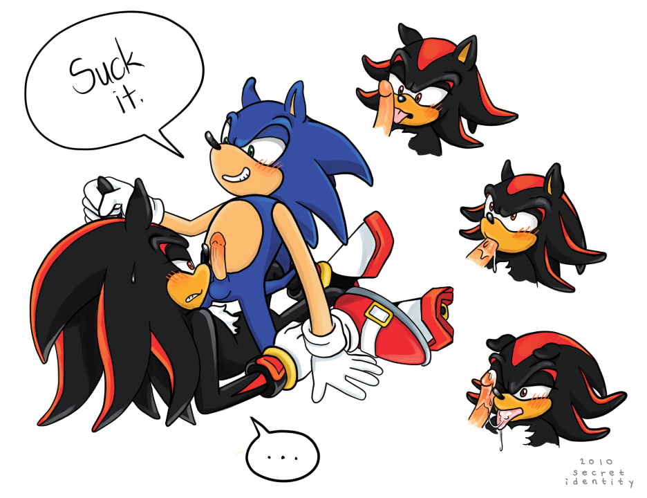 shadow the hedgehog, sonic the hedgehog, sonic (series), balls, blue fur, blush, cum, cum in mouth, english, fellatio, furry, green eyes, hedgehog, male, mammal, multiple males, oral, orgasm, penis, red eyes, yaoi, 