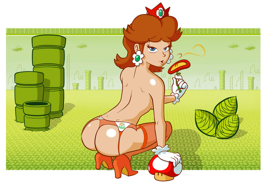 escopeto, princess daisy, nintendo, super mario bros., ass, back, black eyes, blue eyes, brown hair, crown, earrings, female, fire flower, flower, garter belt, garter straps, gloves, high heels, looking at viewer, looking back, mushroom, orange legwear, outdoors, short hair, solo, squatting, stockings, thighhighs, topless, warp pipe, white gloves, 