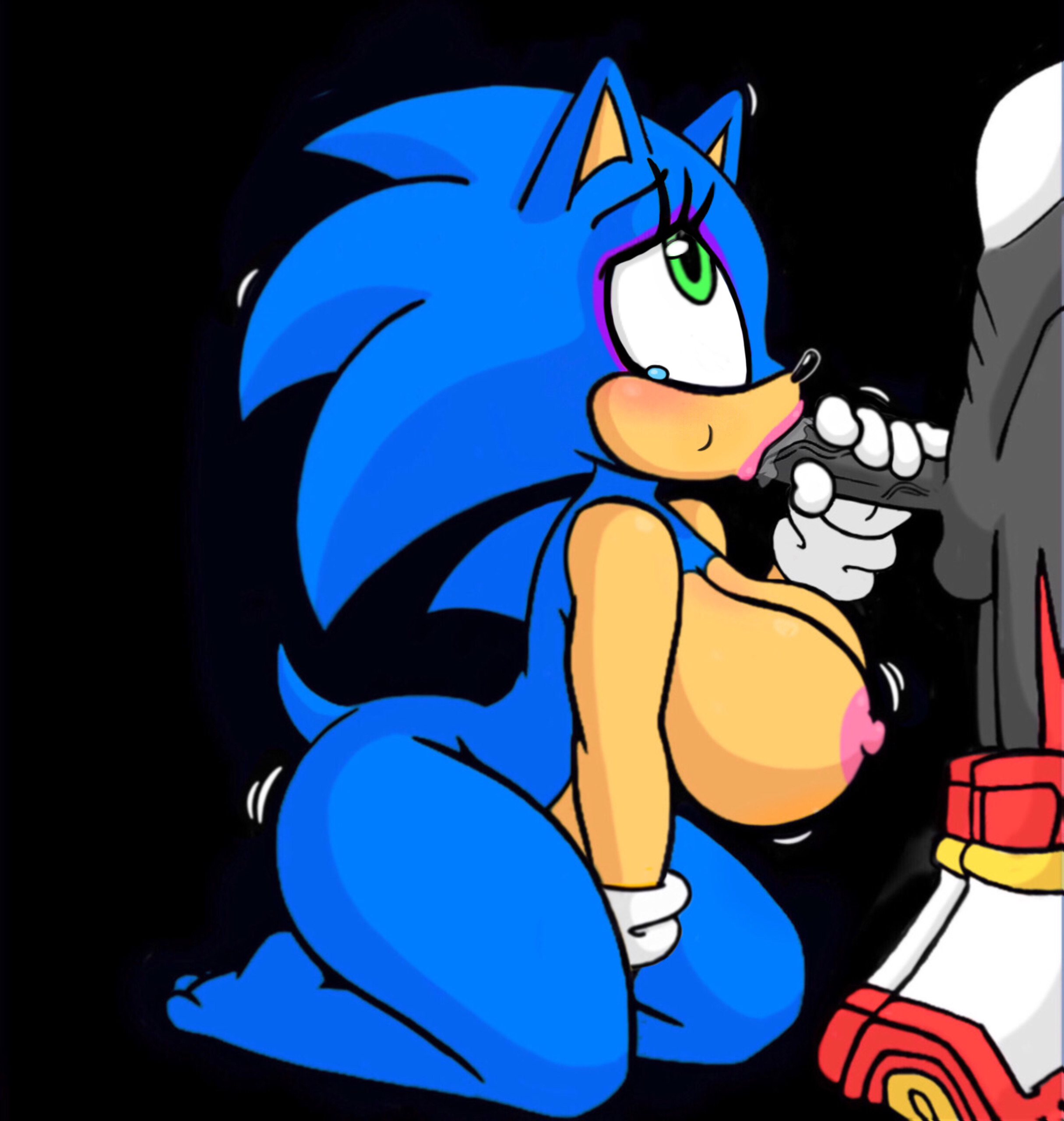 shadow the hedgehog, sonic the hedgehog, sonic (series), sonic the hedgehog (series), rule 63, after transformation,, bimbofication,, blowjob, curvy,, horny female, looking up, on knees, sucking penis, turned on, voluptuous, 